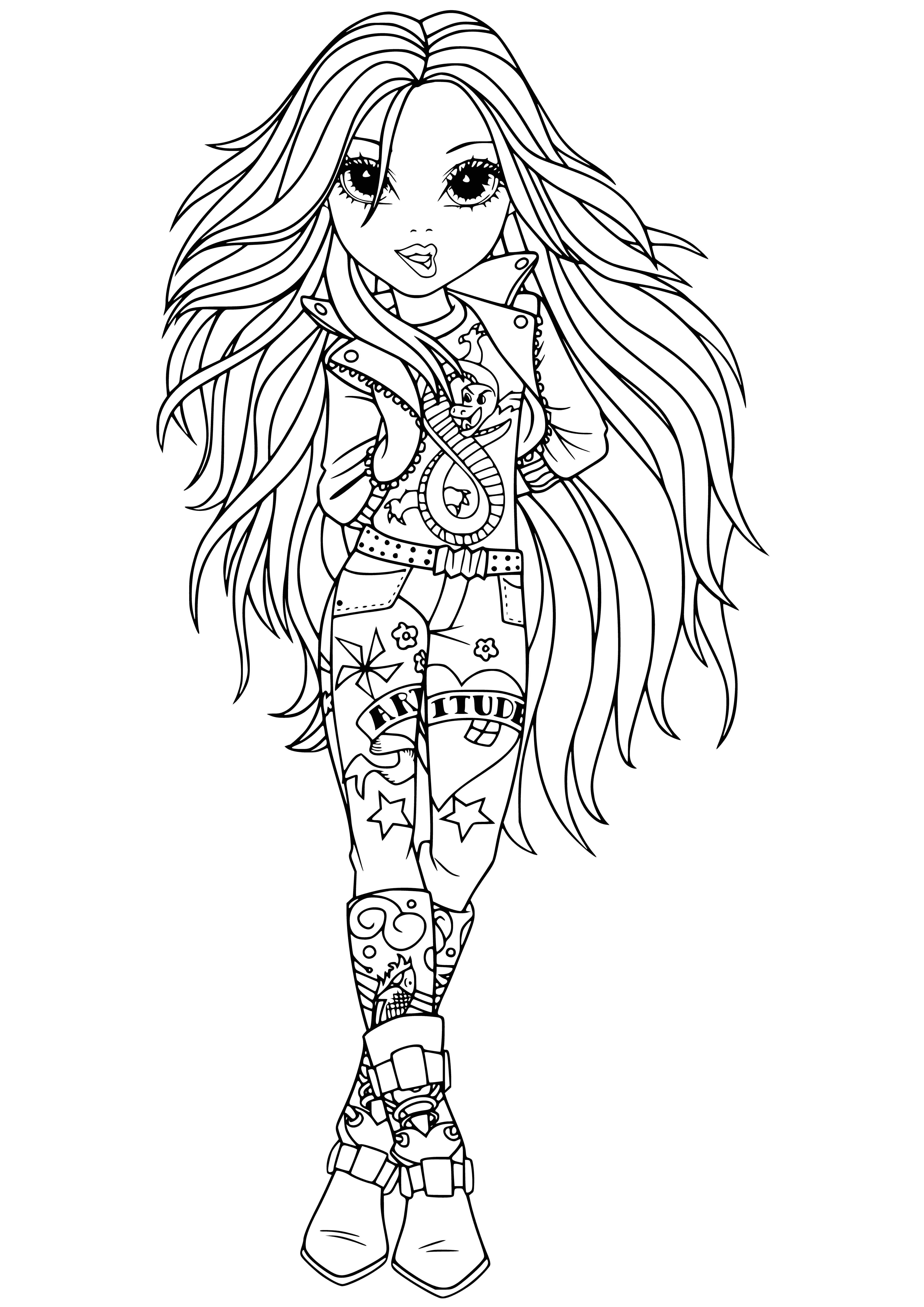 coloring page: A girl stands w/long dark hair & tan skin; she's wearing purple & jean shorts, holding a small white dog in her right hand.