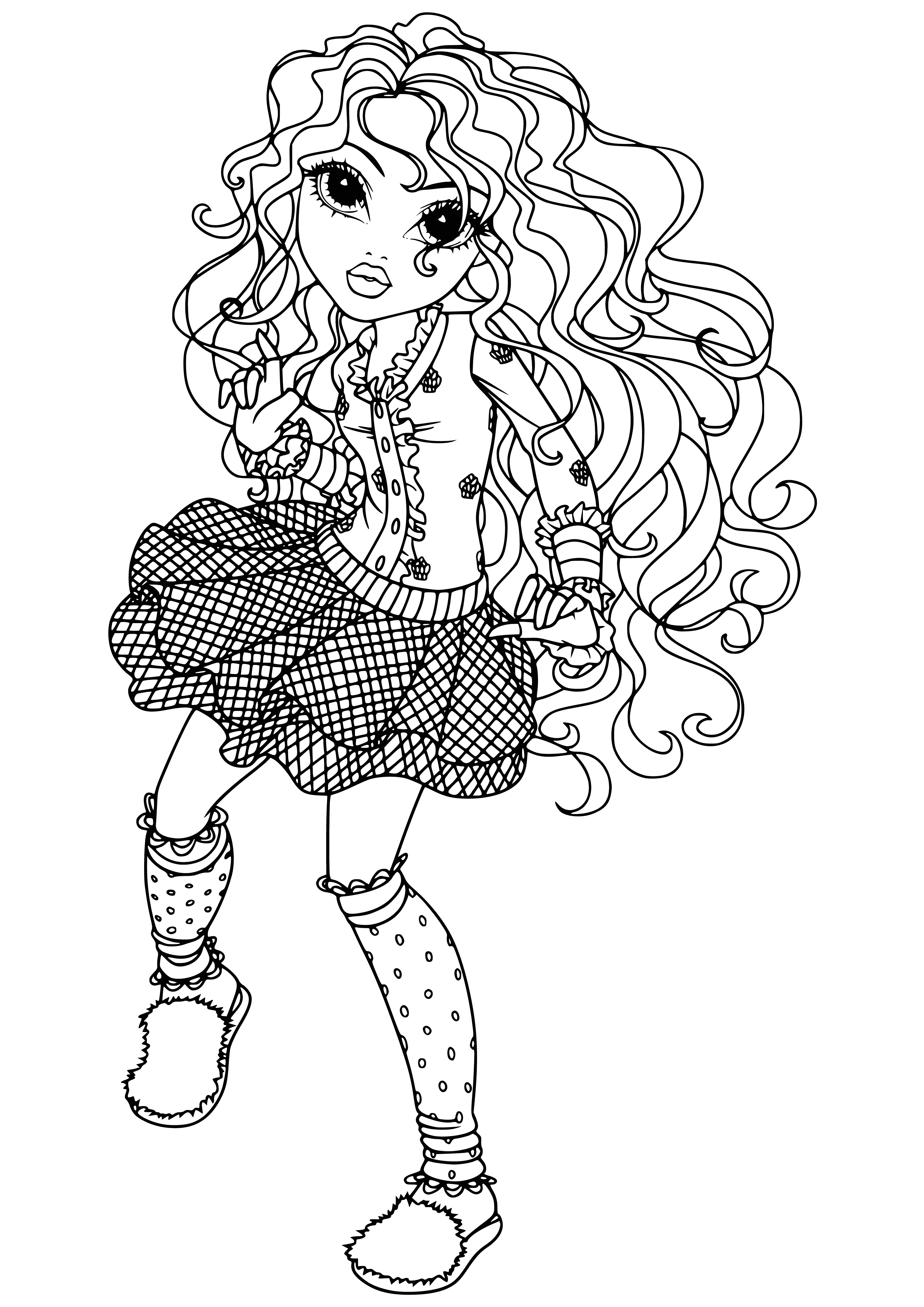 coloring page: Girl with dark hair and eyes wearing dark green & blue has black & white backpack. #coloringpage