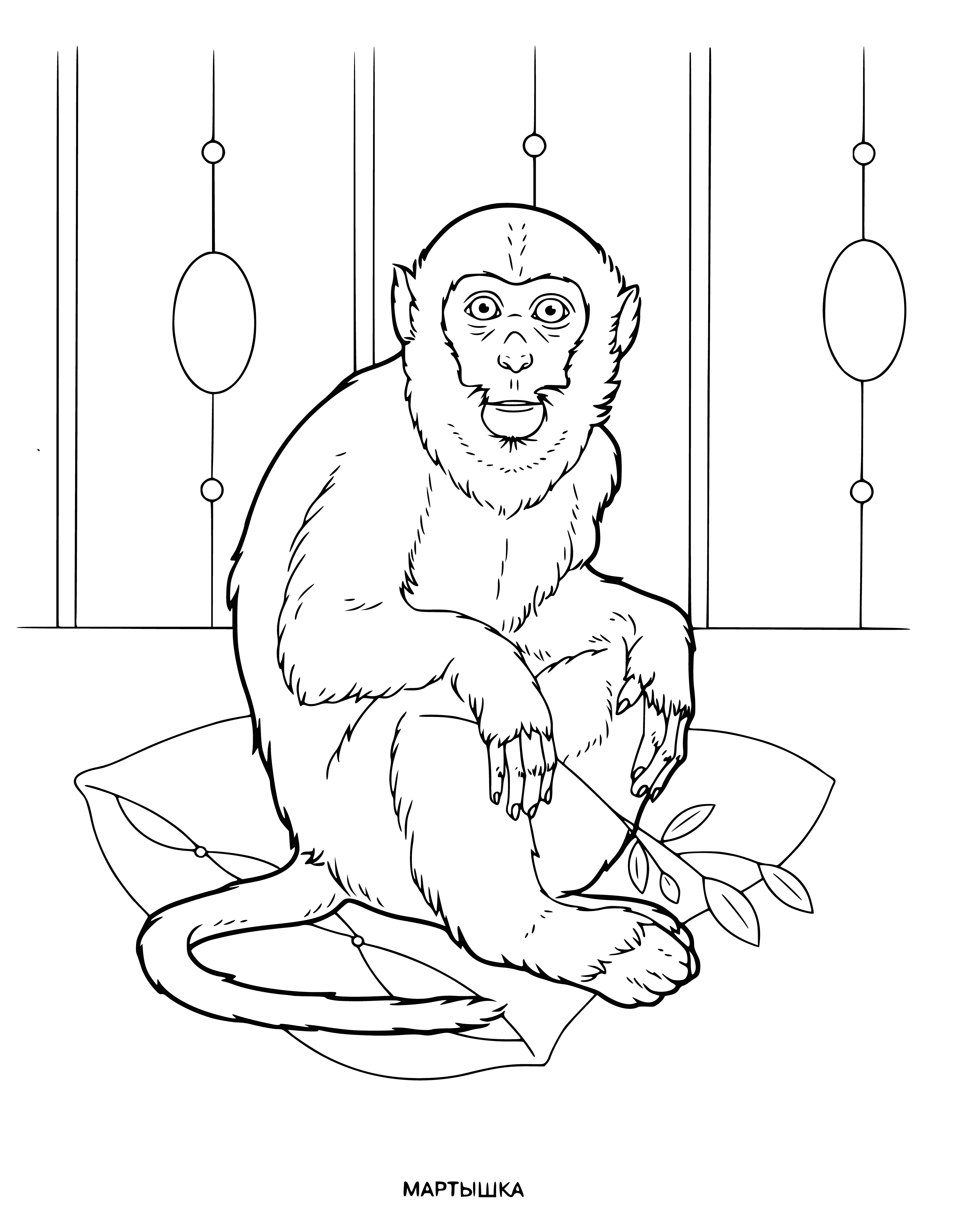 coloring page: Monkey eating a banana in a blue shirt while standing on a tree branch. #BananaLover