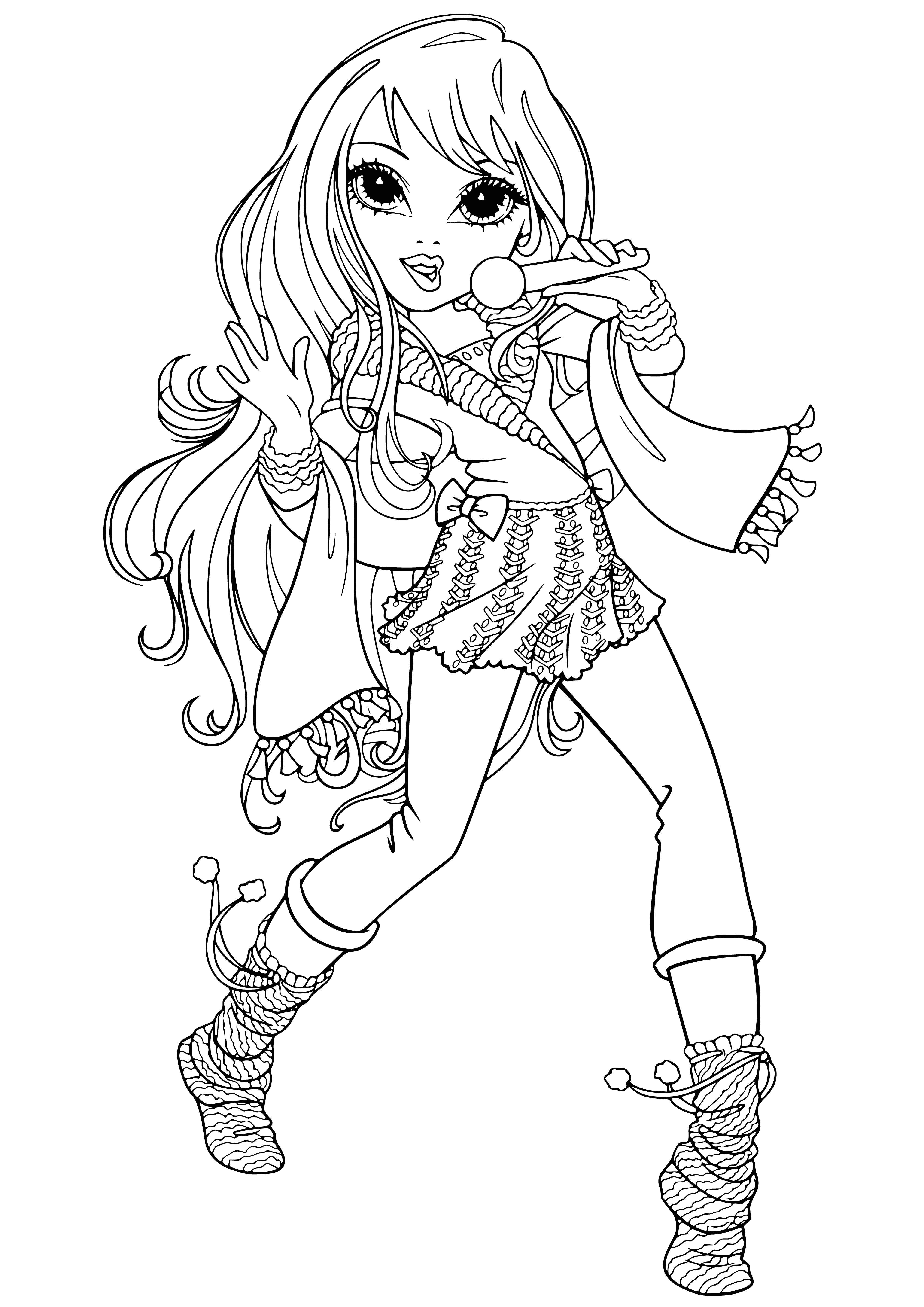 coloring page: Lexa is a Moxie Girl with long curly hair, big brown eyes, a sparkly dress, and a big smile.