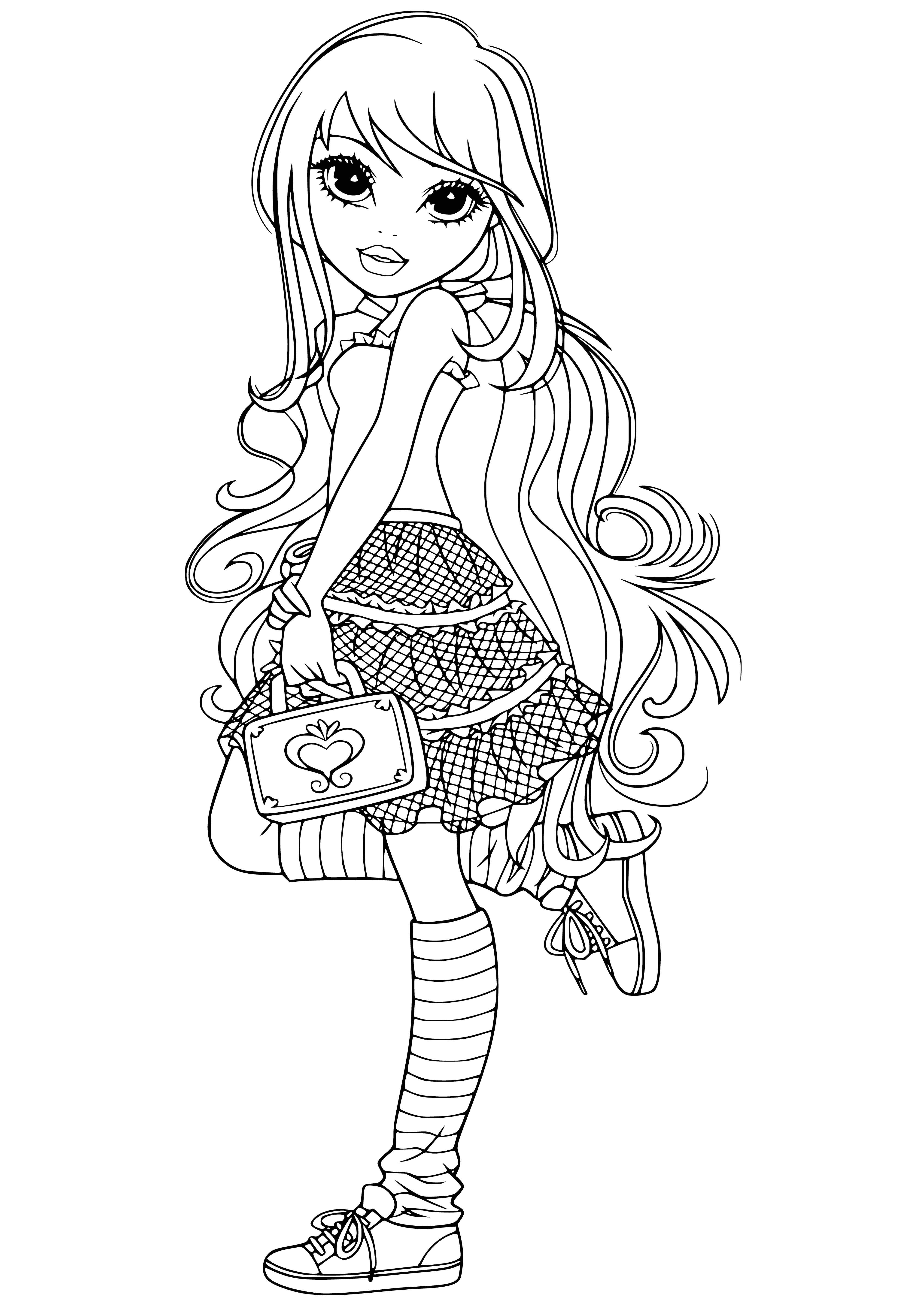 coloring page: Lexa is a serious Moxie Girl in a BW coloring page. She has long, curly hair, a sleeveless top, tight pants & arms crossed, looking determined.