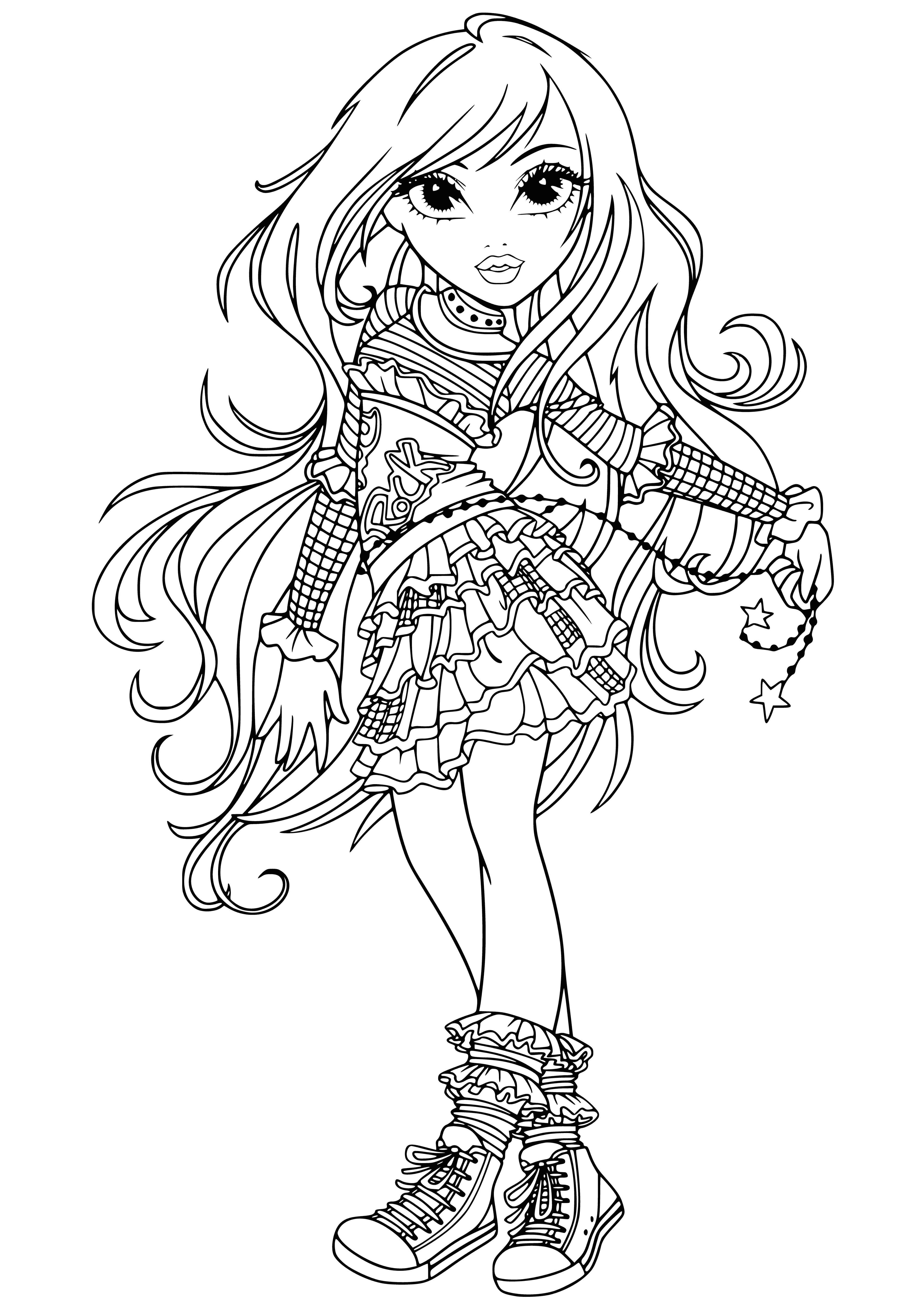 coloring page: She's got dark hair, brown eyes, all in white 'cept blue skirt and scarf.