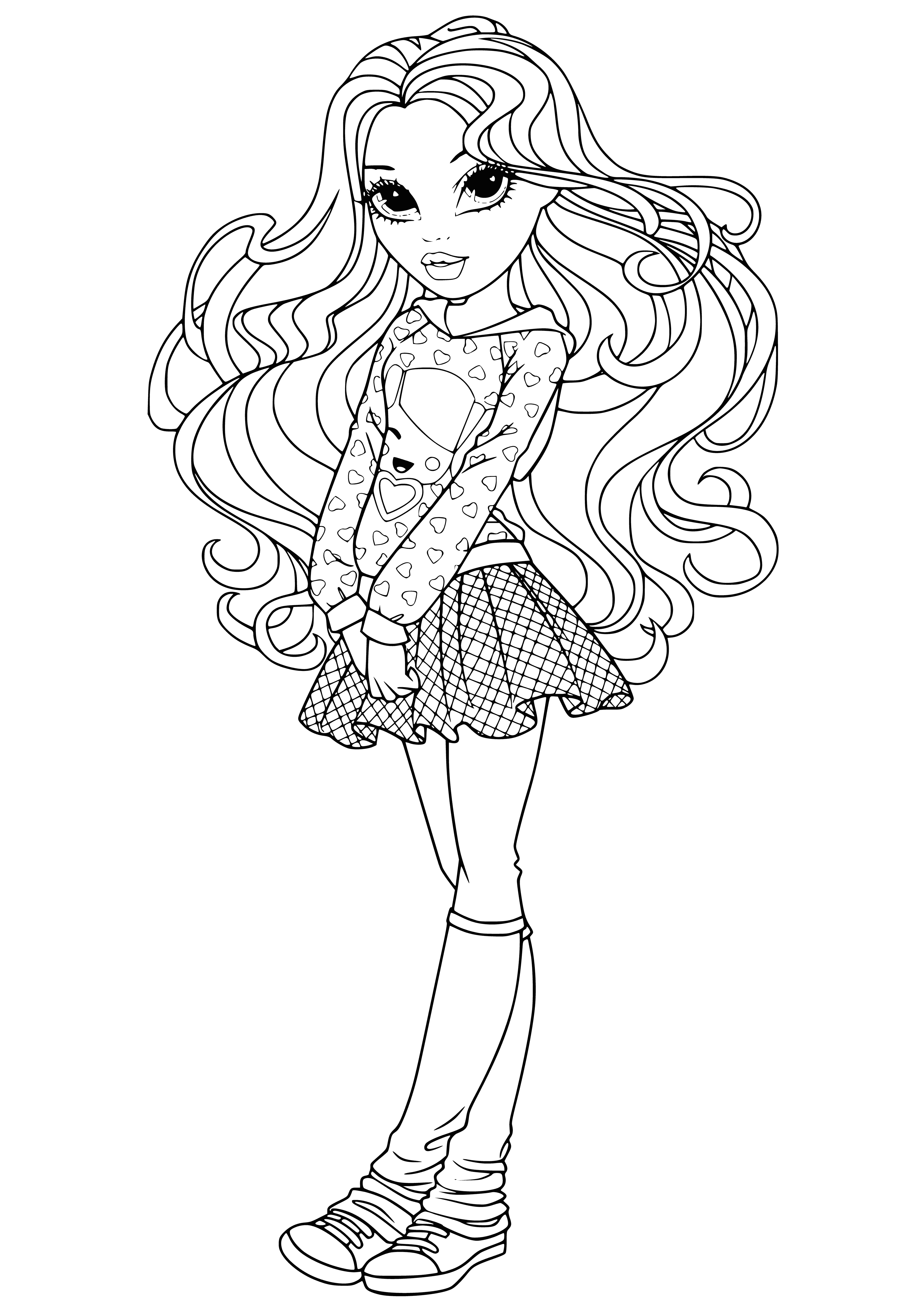 coloring page: Girl in coloring page wears pink dress w/ white scarf, brown curly hair & holds stack of books, sporting a big smile.