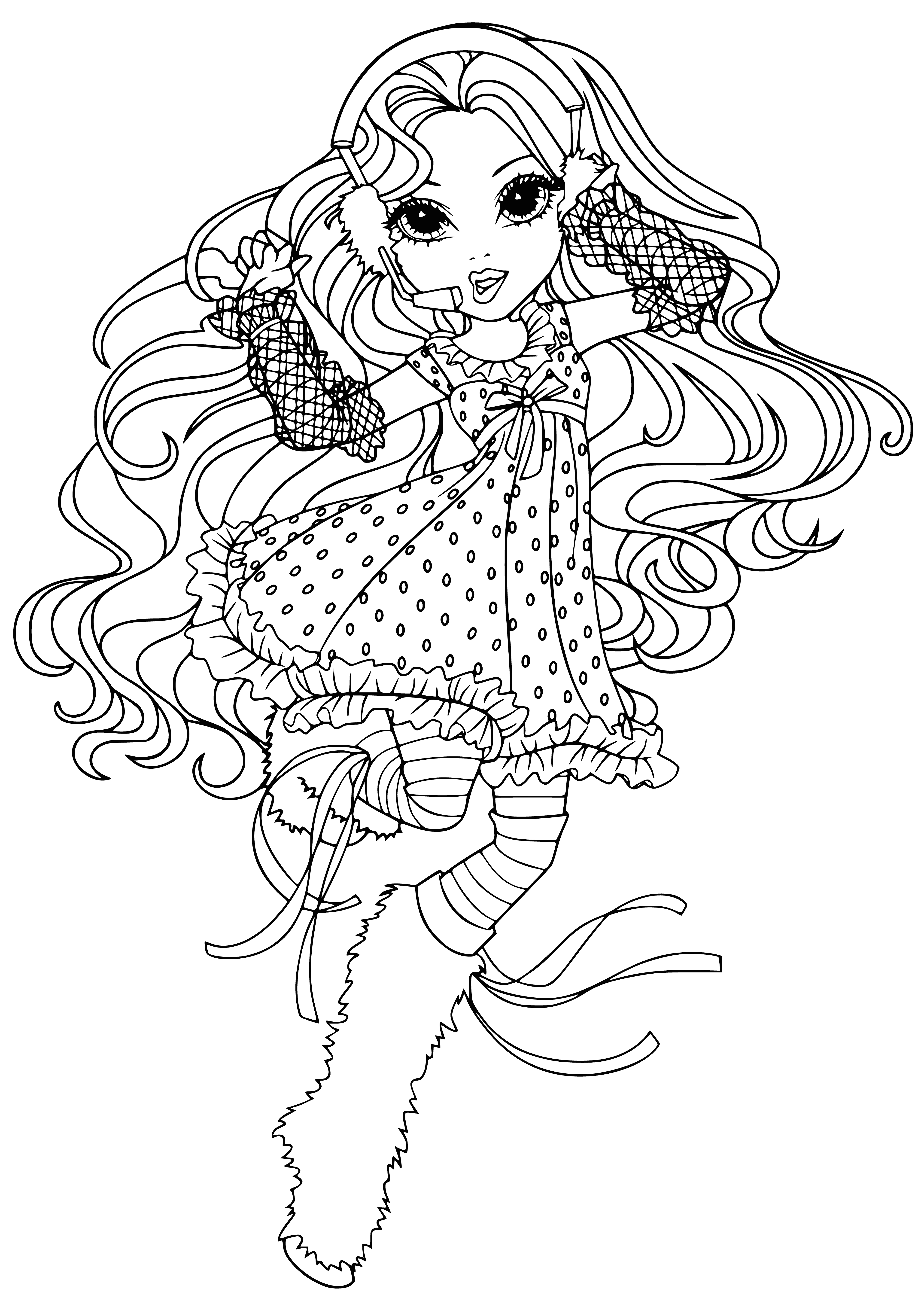 coloring page: Girl stands in light blue bg, brown hair in buns. Wearing white tank, yellow & green striped skirt & scarf. White bracelet on left wrist. Holding green tennis racket.