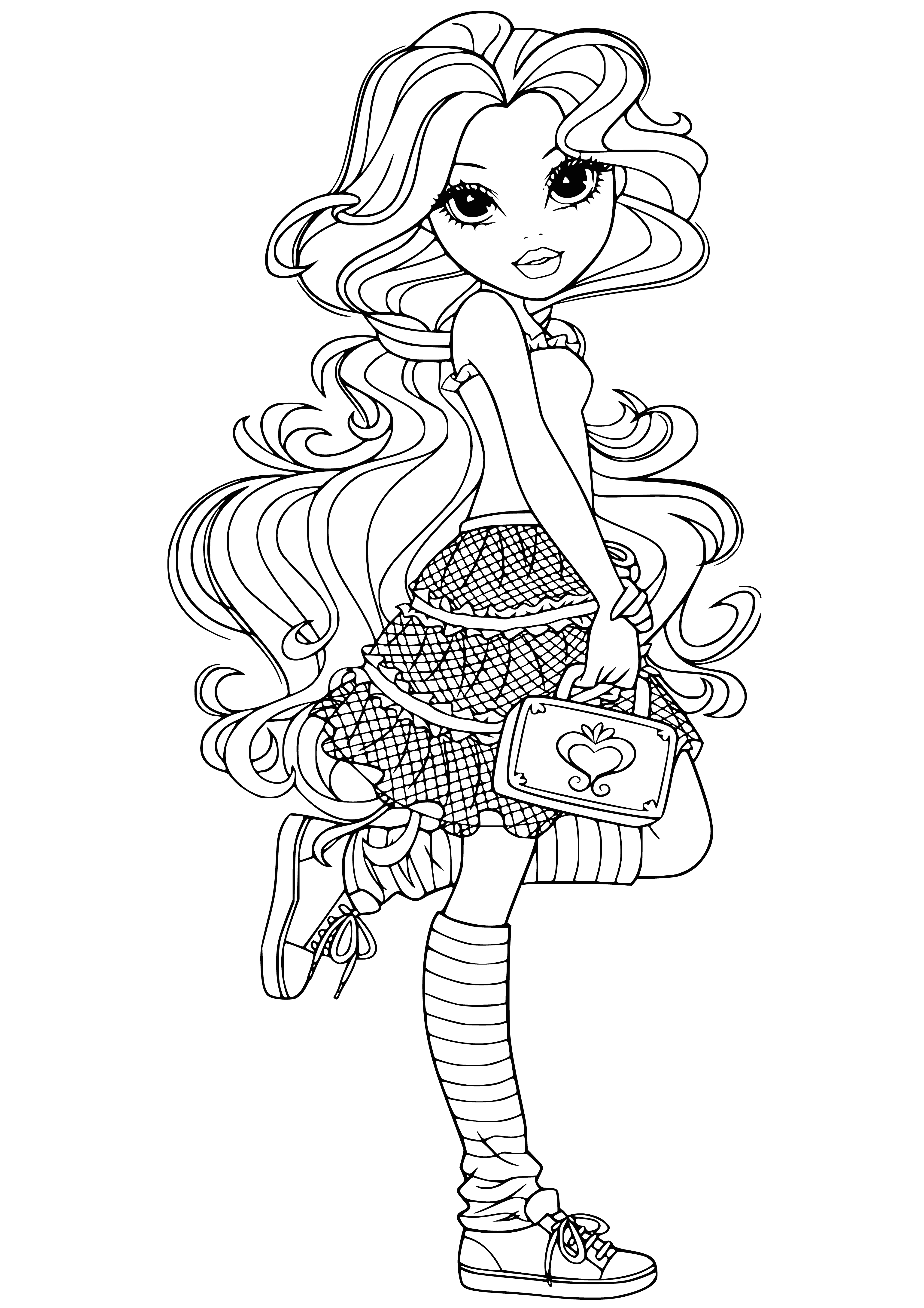 coloring page: A girl with dark hair wearing a purple shirt and skirt, holding a fan and a white flower in her hair. #ColoringPage