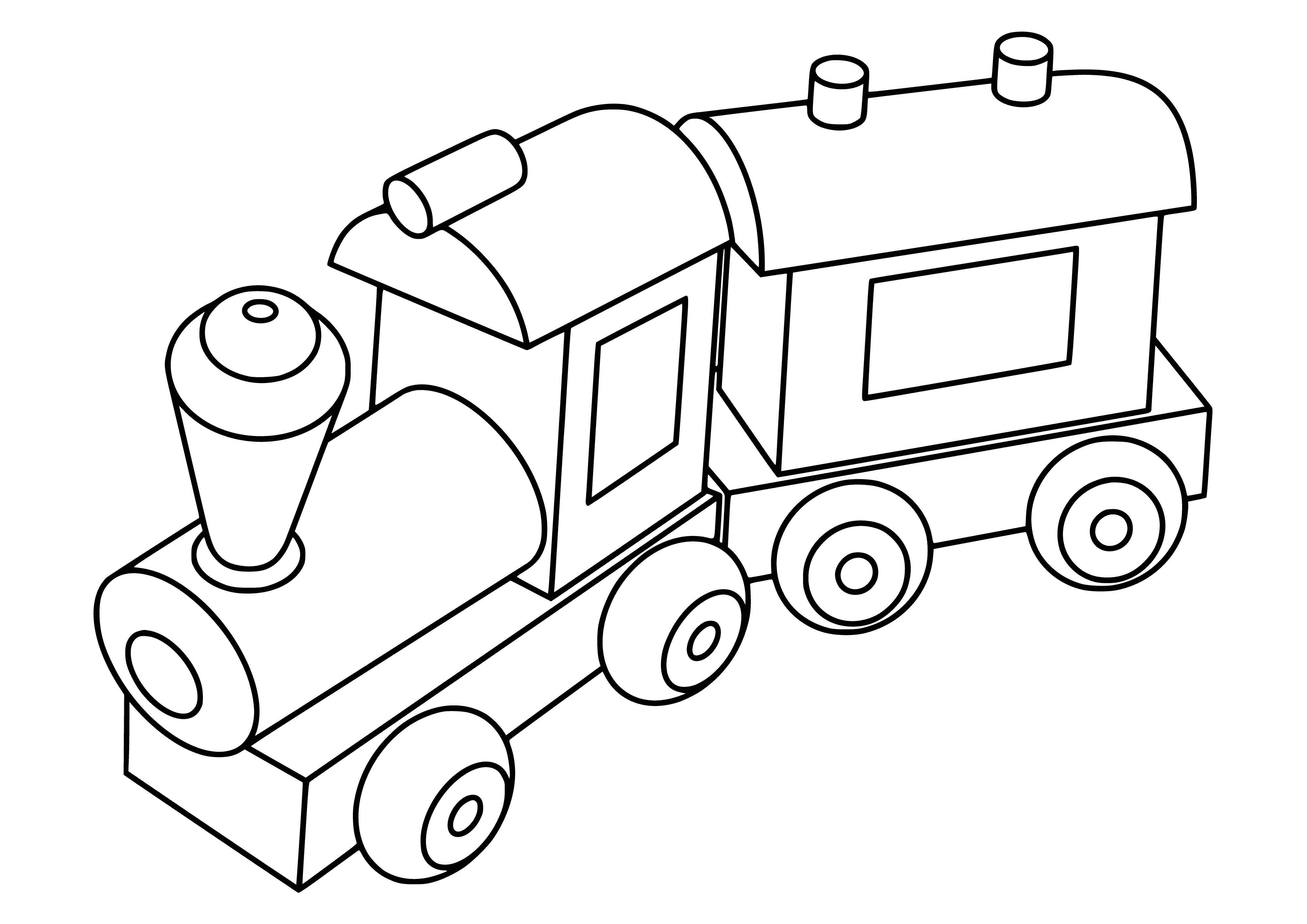 coloring page: Red locomotive chugs along tracks in a green landscape, smoke from engine billowing into the sky as the sun shines brightly.