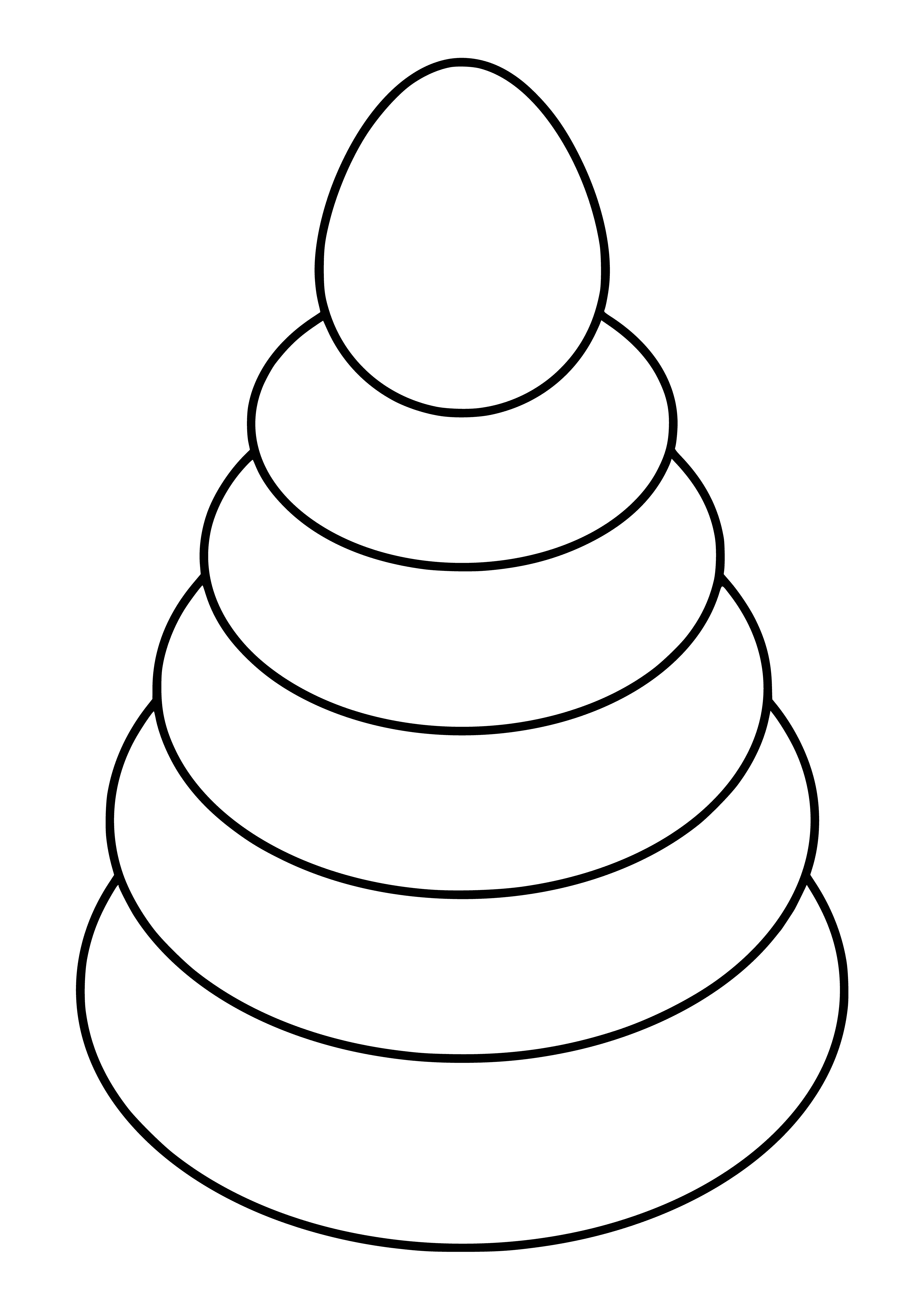 coloring page: Pyramid in center of page surrounded by smaller pyramids; light blue background.