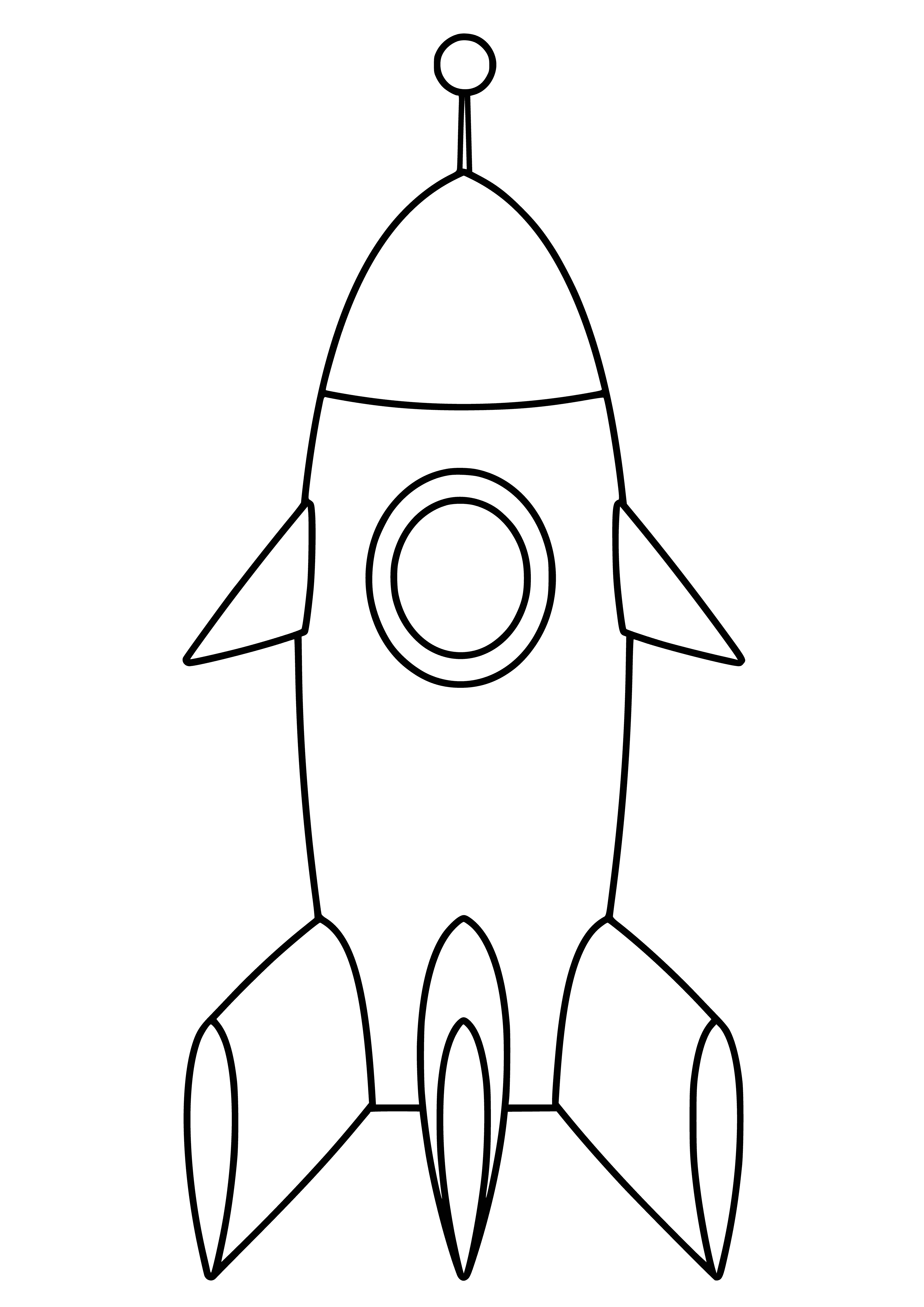 coloring page: Large gray rocket with red, yellow, orange stripes, four large fins, two smaller ones near top, two windows, door, red flag, and ladder leading up. #rocket #space