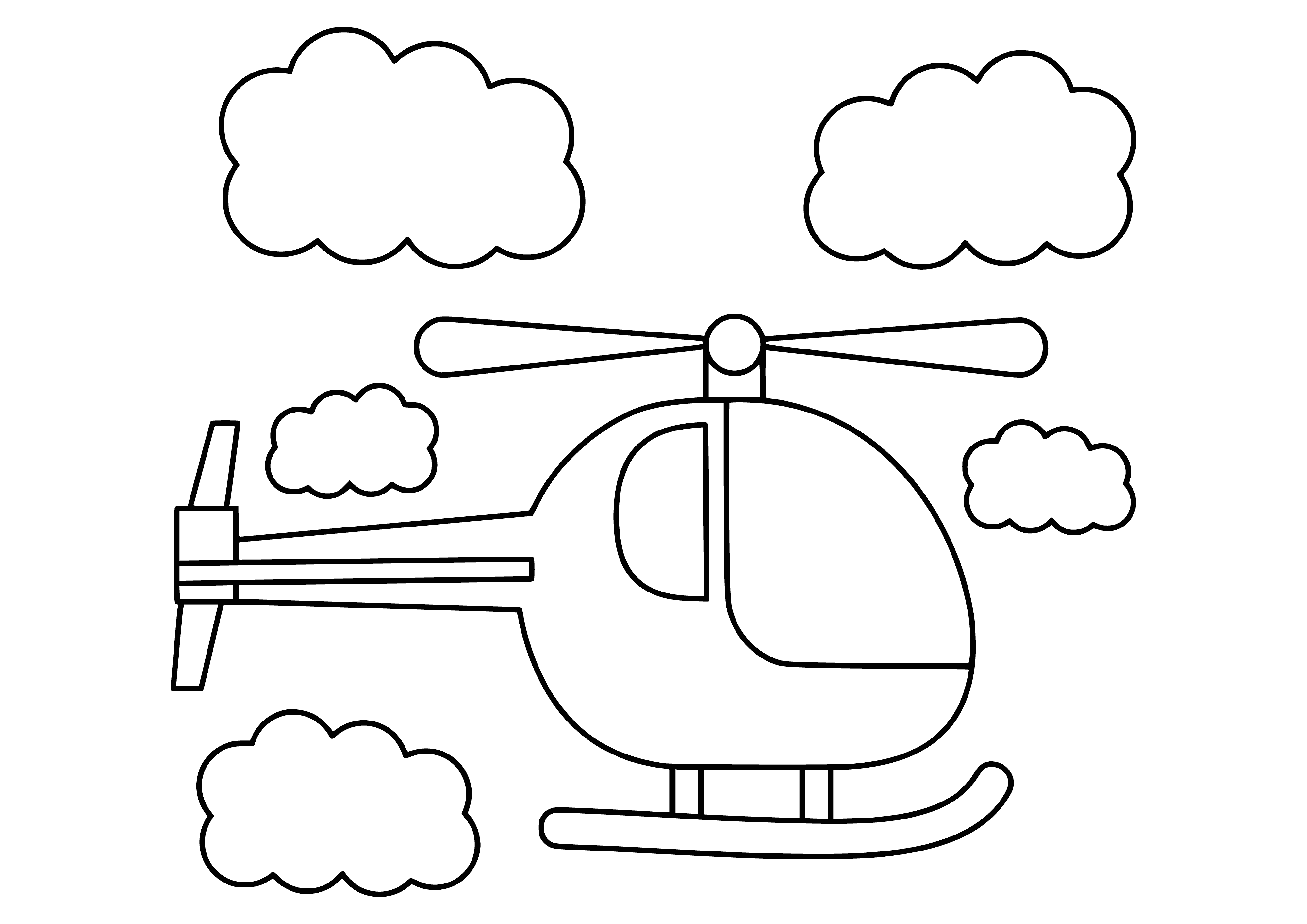 coloring page: Helicopter flying over city: yellow body & red stripe, 2 rotors on top. #aviation