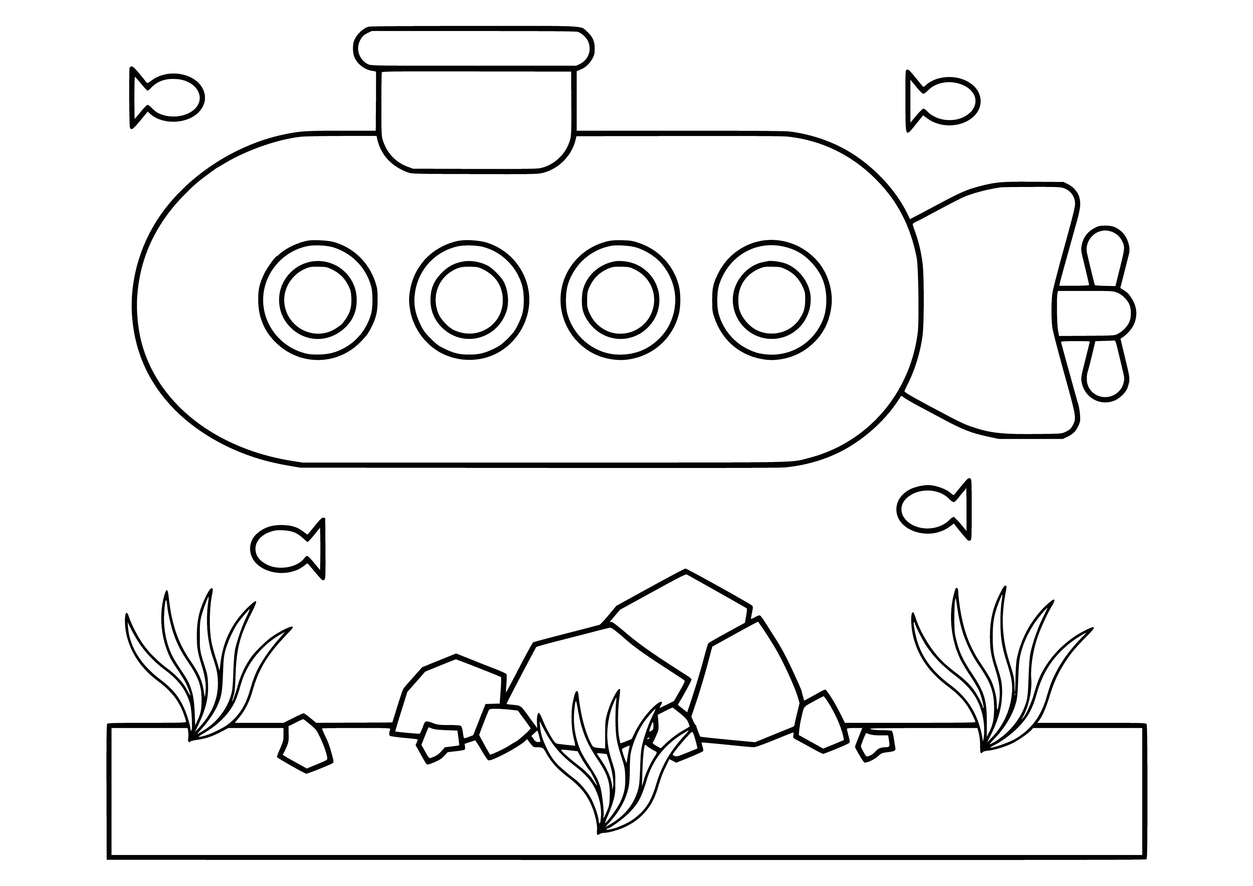 coloring page: Submarine sailing below a calm blue sea with fish swimming around it, warmed by the sunny surface.