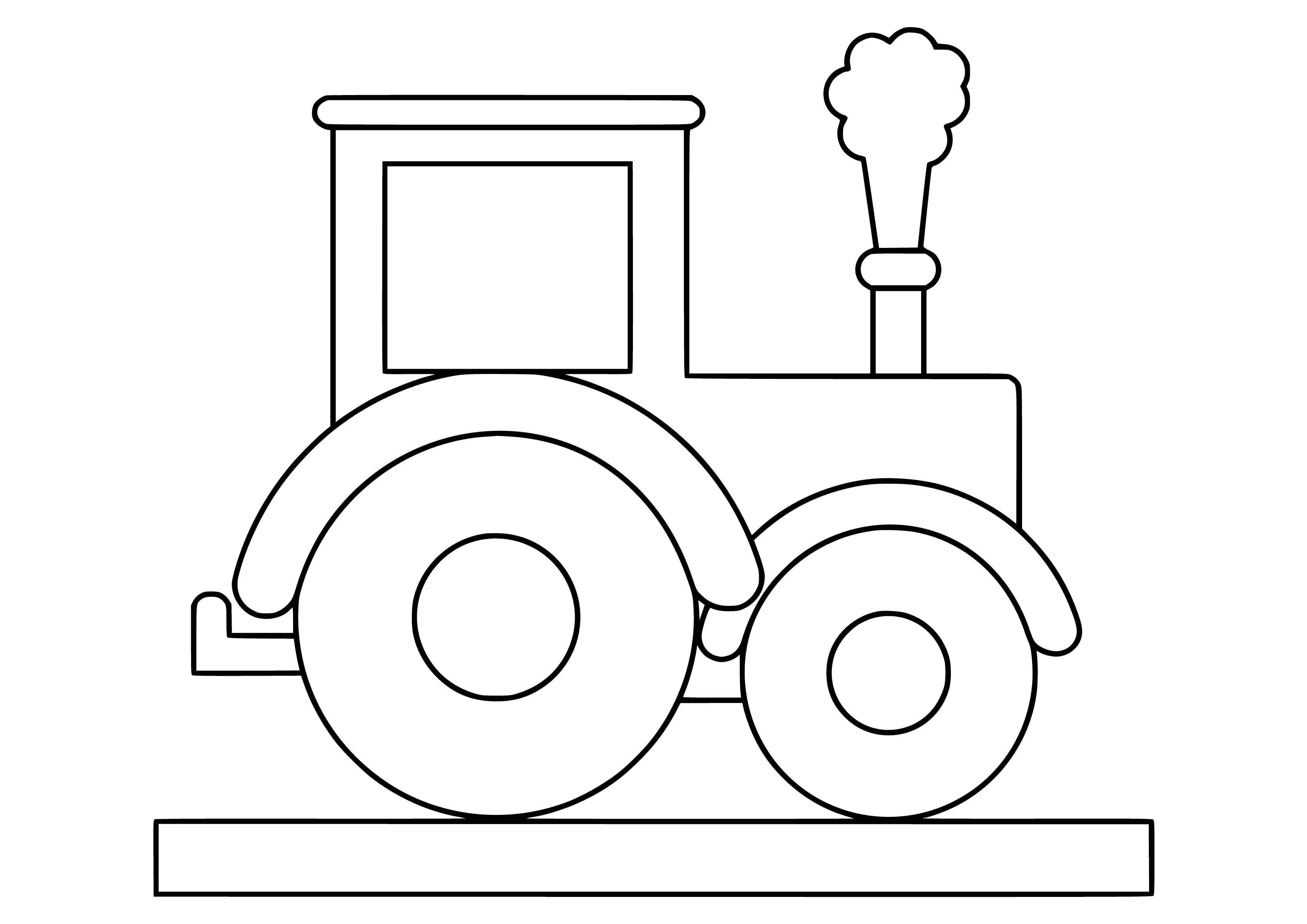 coloring page: Tractor plowing field on a sunny day; the tractor is green and yellow with white clouds.