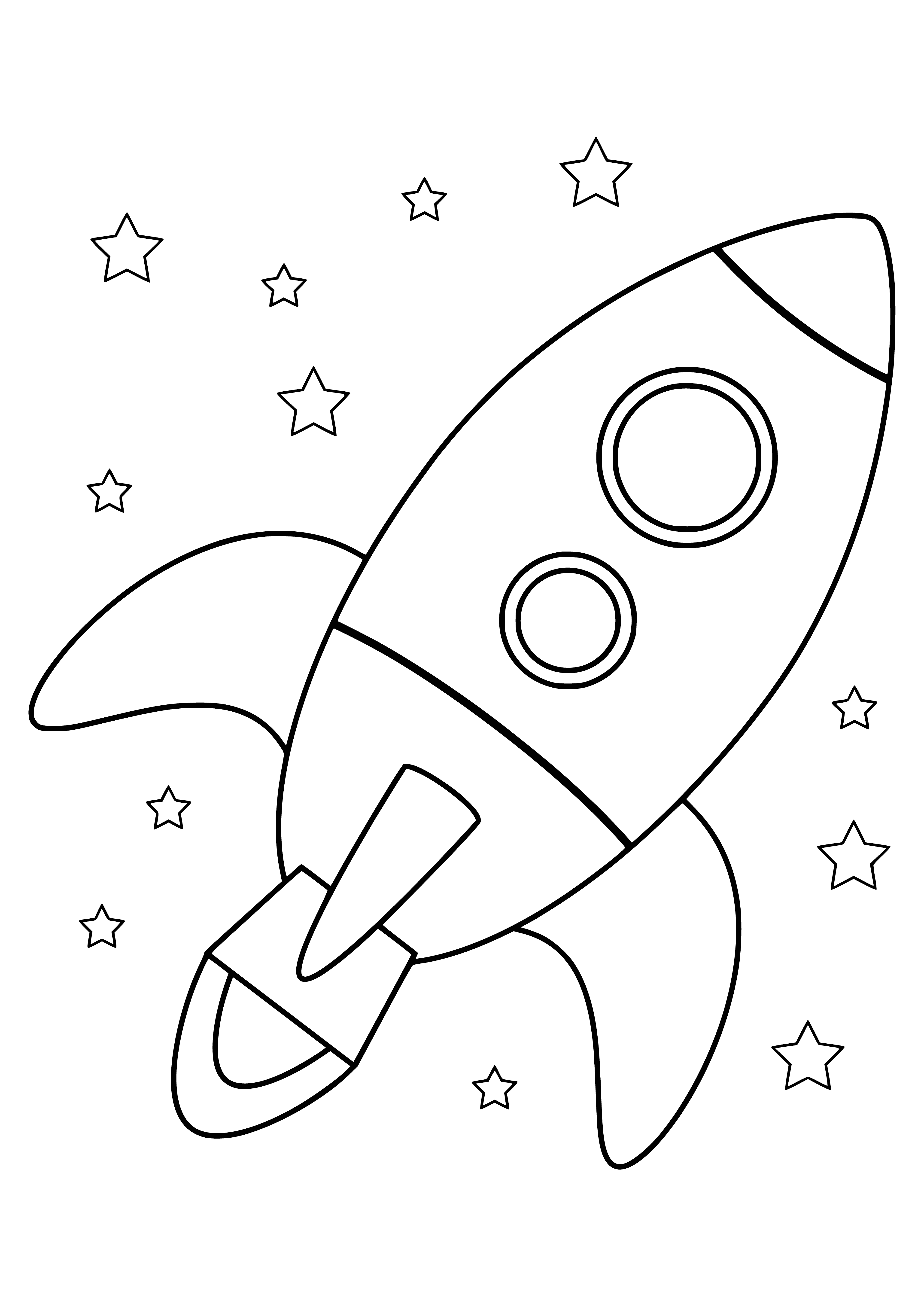 coloring page: Kids aged 4+ can color a rocket blasting off from a planet with a flag and stars in background.