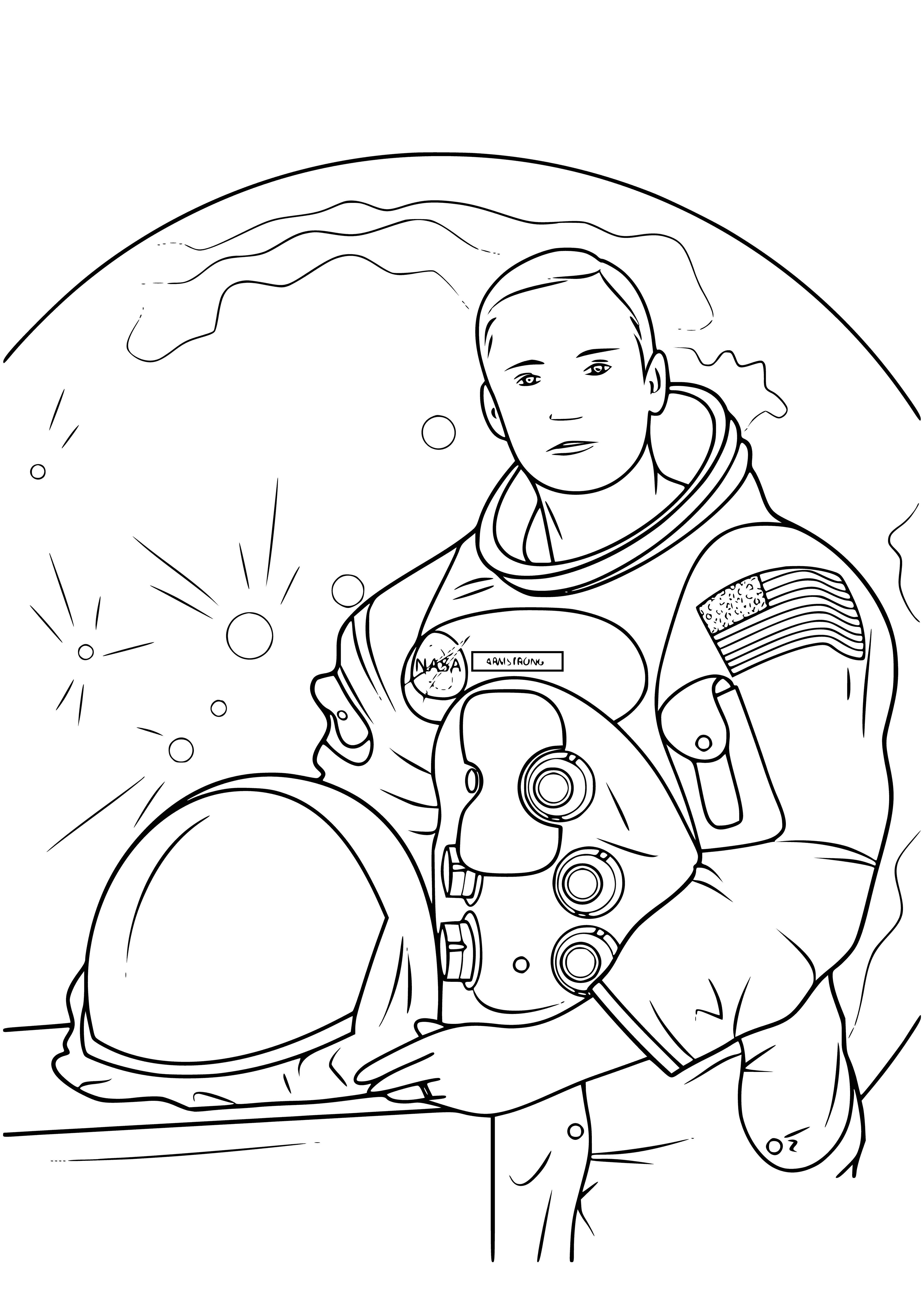 coloring page: Man stands on moon, wearing white space suit, backpack, & waving flag.
