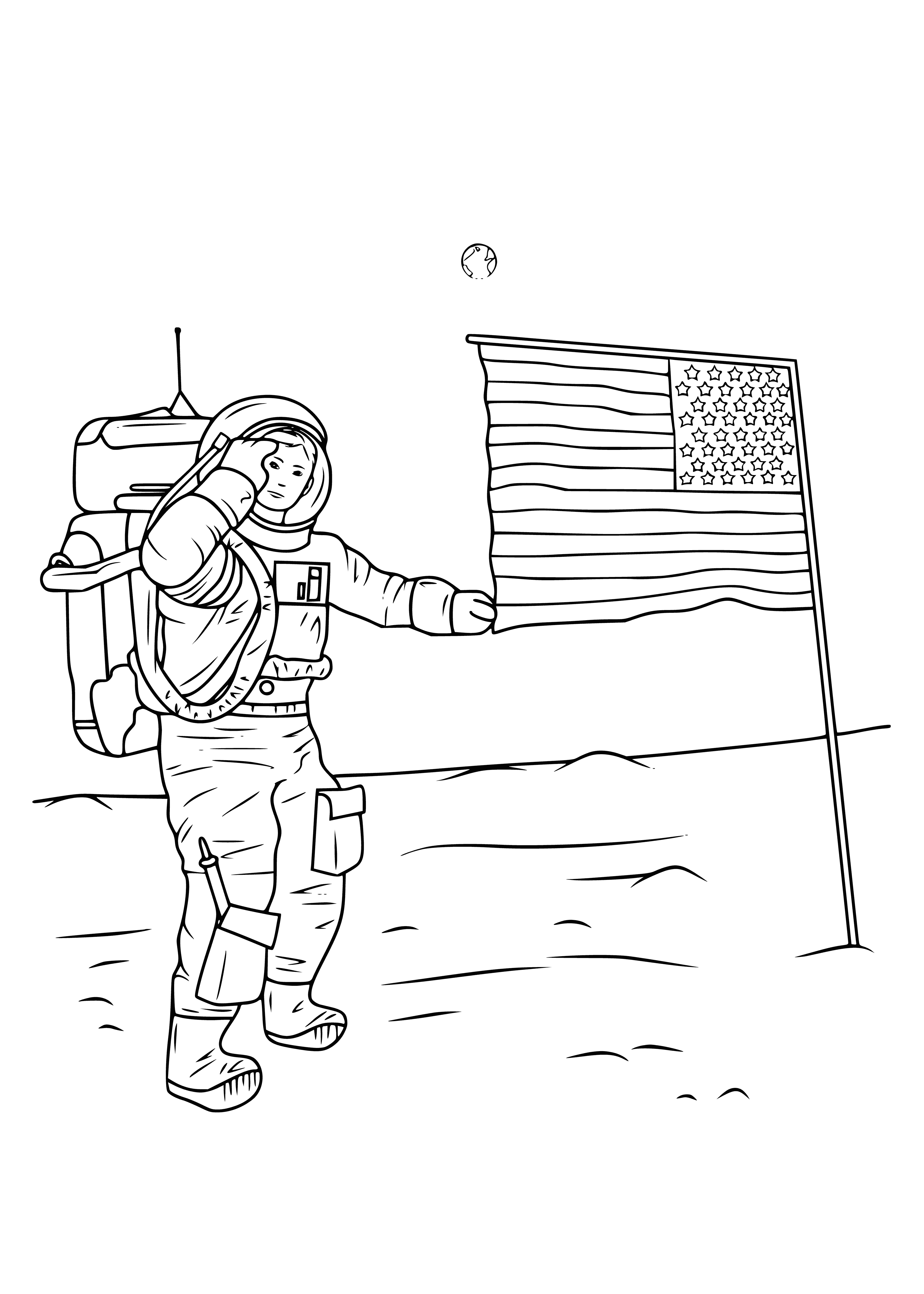 coloring page: Man stands on moon between Earth and the moon, wearing white suit with a round white hat. Arms at his sides, one foot in front of the other.