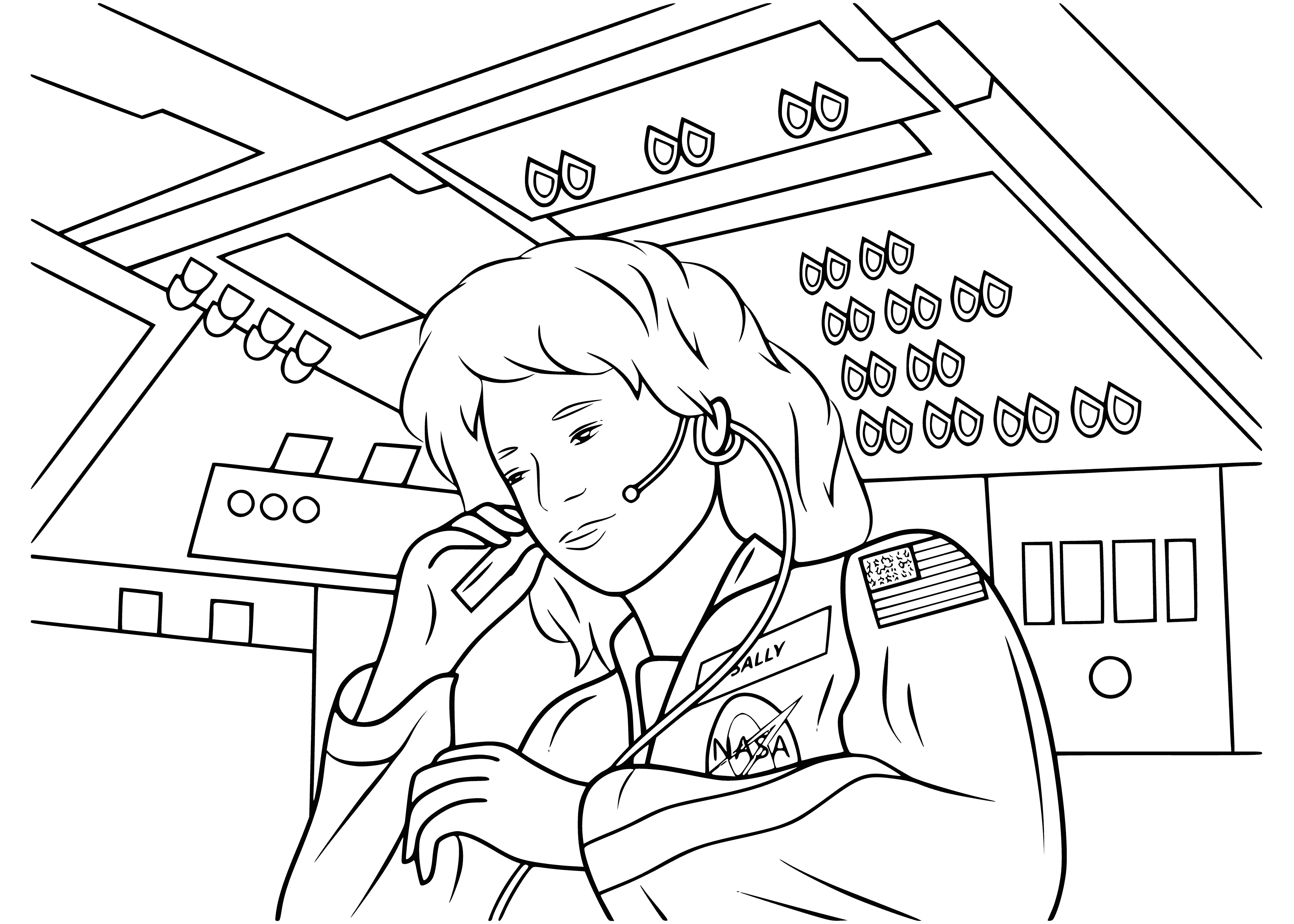 coloring page: Space shuttle orbiting planet w/ green atmosphere & long antenna.