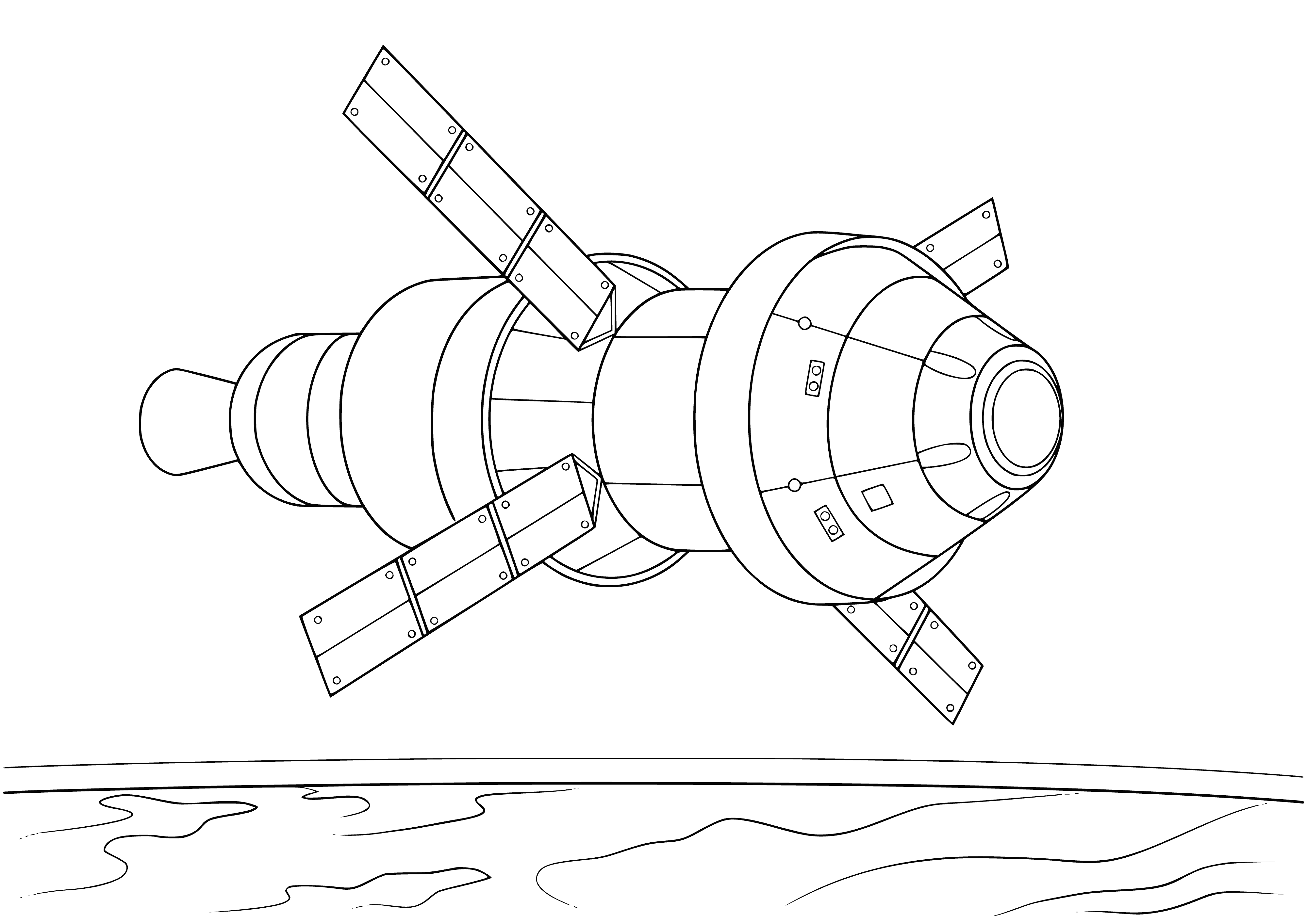 coloring page: Large silver satellite seen in space, slowly spinning & orbiting planet, with dish-shaped antenna attached to side. #space #satellite