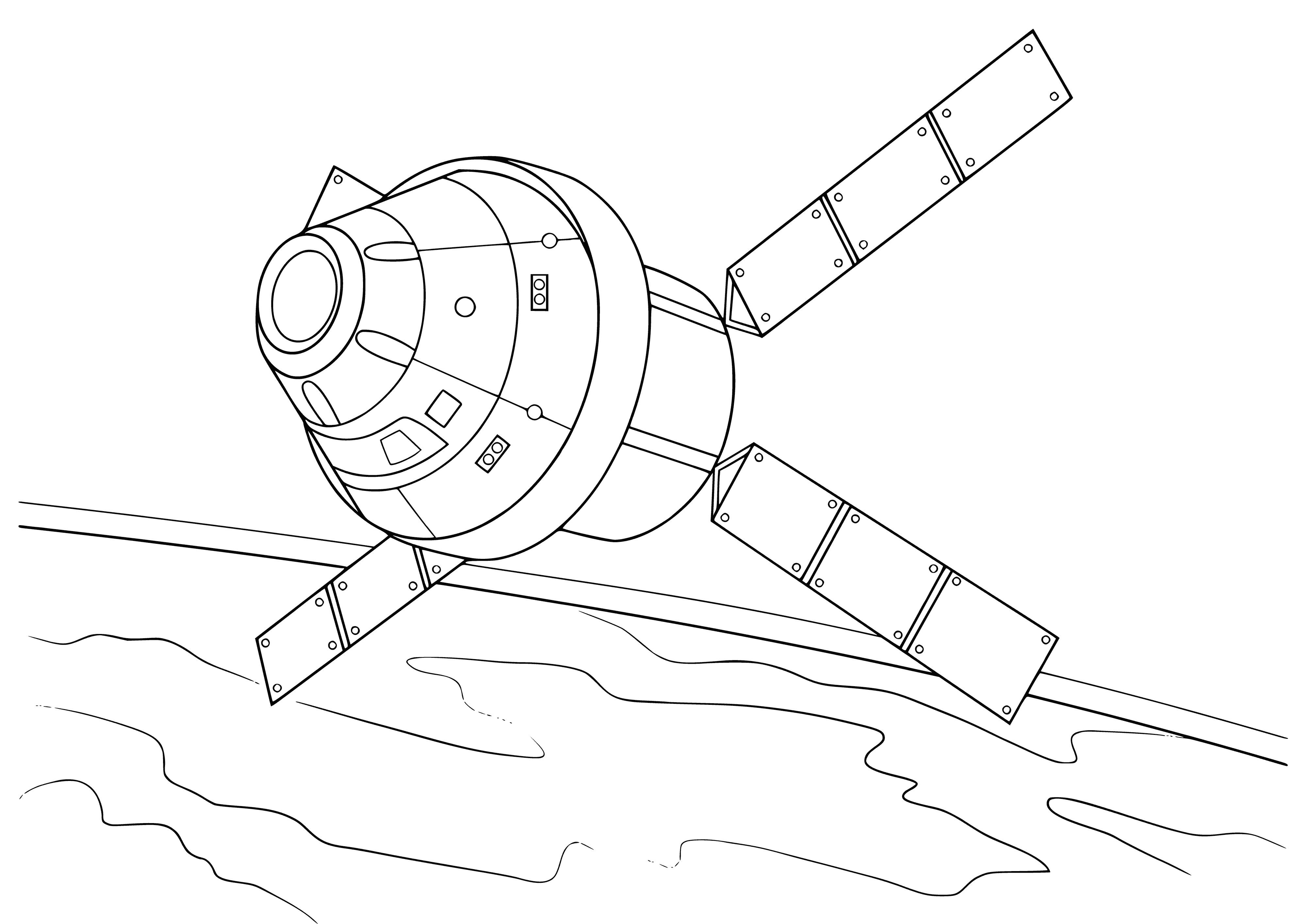 coloring page: Round obj. in center, many thin pieces radiating, sm. obj. in center, black background.