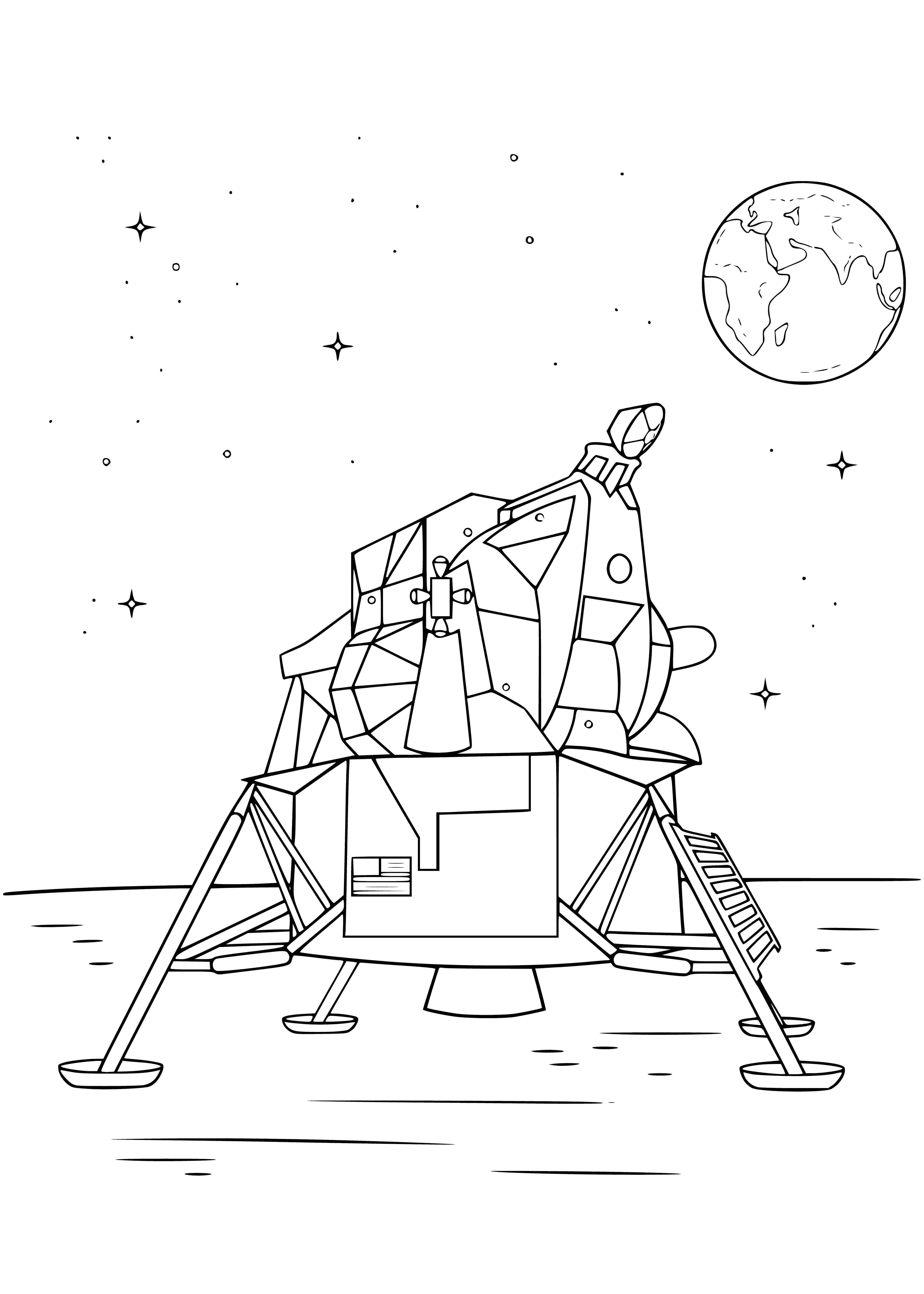 coloring page: Human is walking on moon in white suit/blue helmet with grey backpack, in crater w/ black backdrop. #space #moonwalker