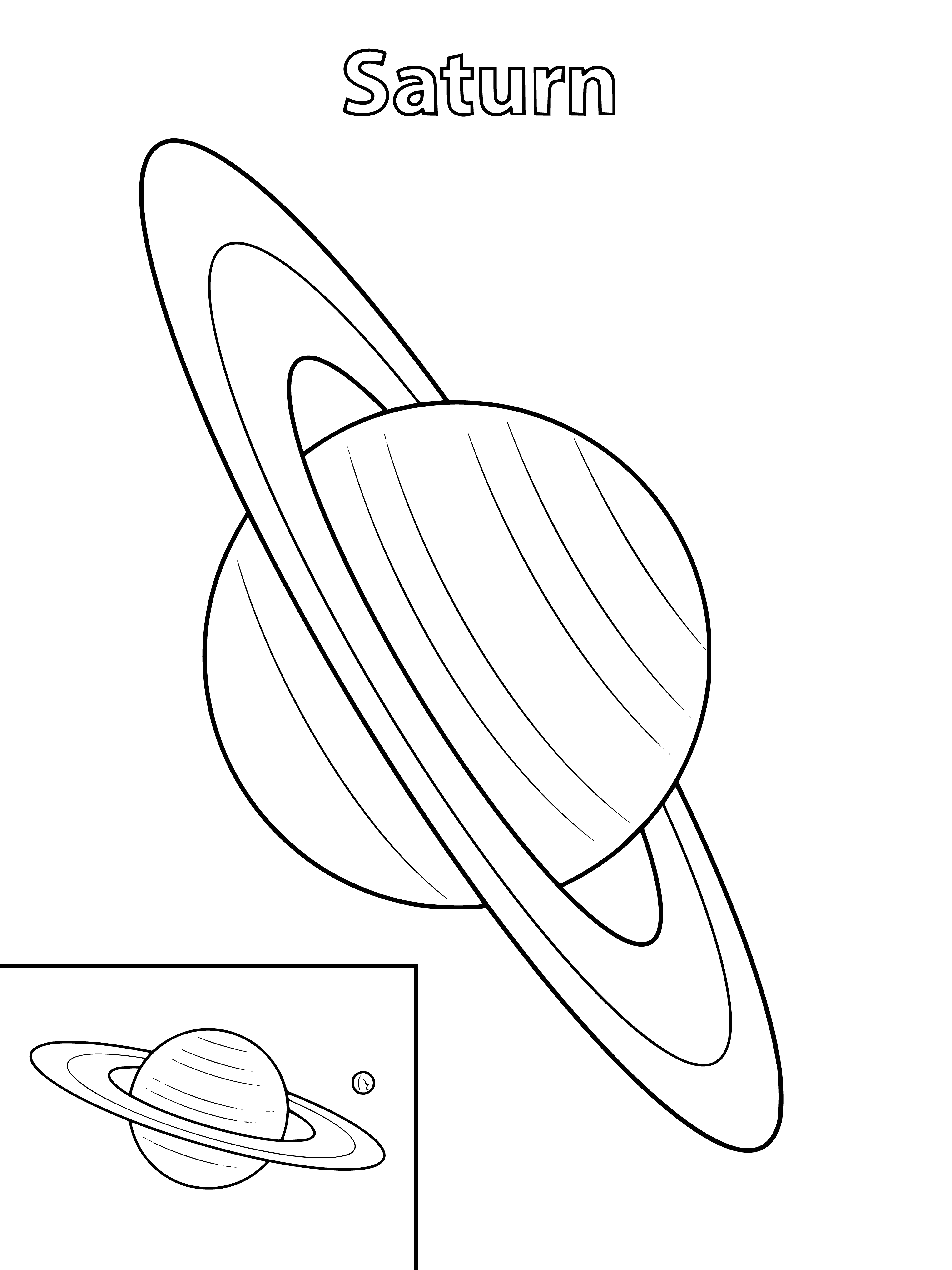 coloring page: Saturn is a giant, icy-cold gas planet 120,000 km wide, w/ an atmosphere of hydrogen & helium, clouds, a yellowish hue & rings of ice/rock up to 280,000 km wide. No surface, thought to have a hot rocky core. Surface temps range from -140C to + 10C.