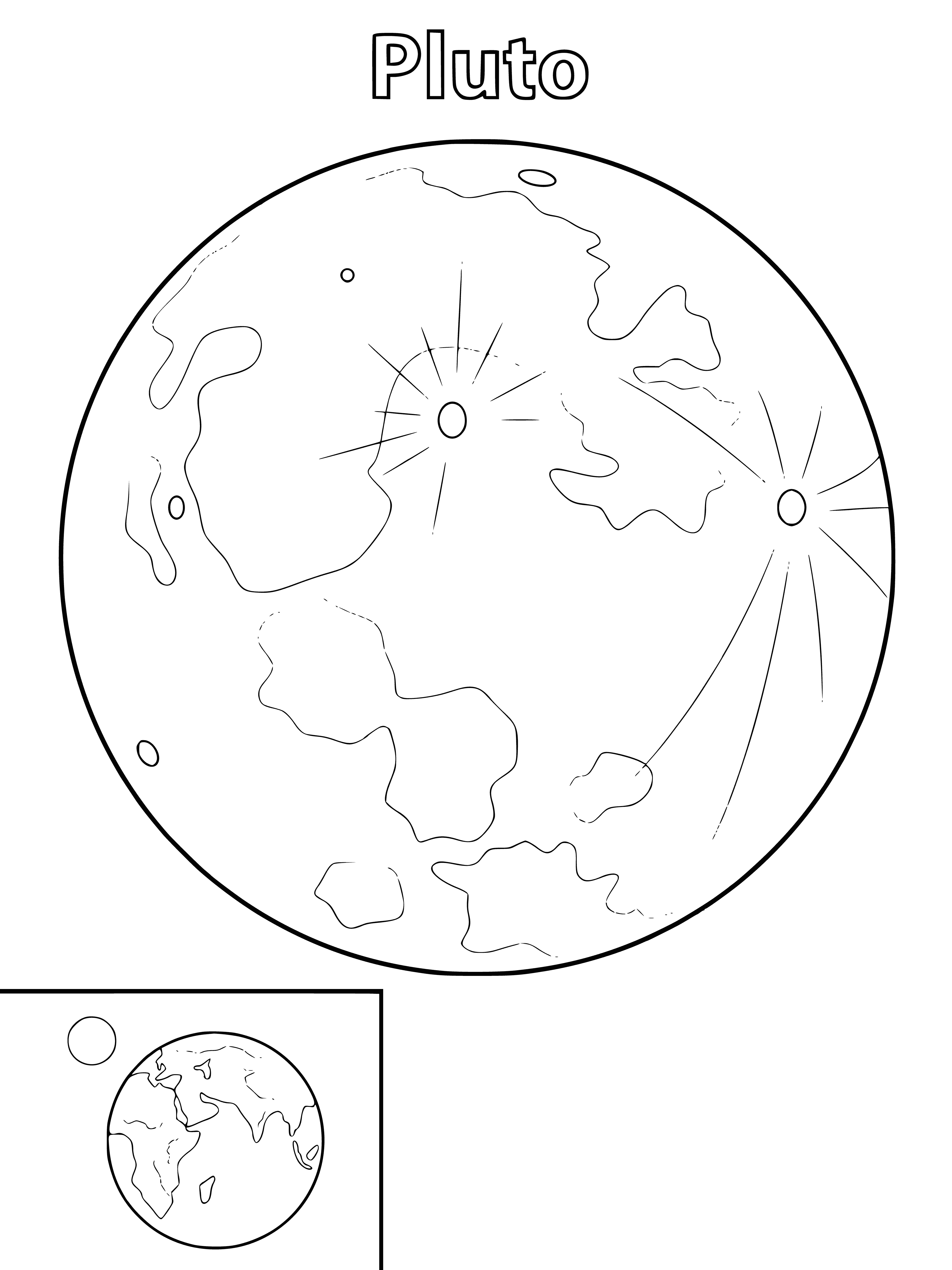 coloring page: Little-known Pluto is the outermost planet, small & cold; illuminated by the sun just beyond the edge of the page.
