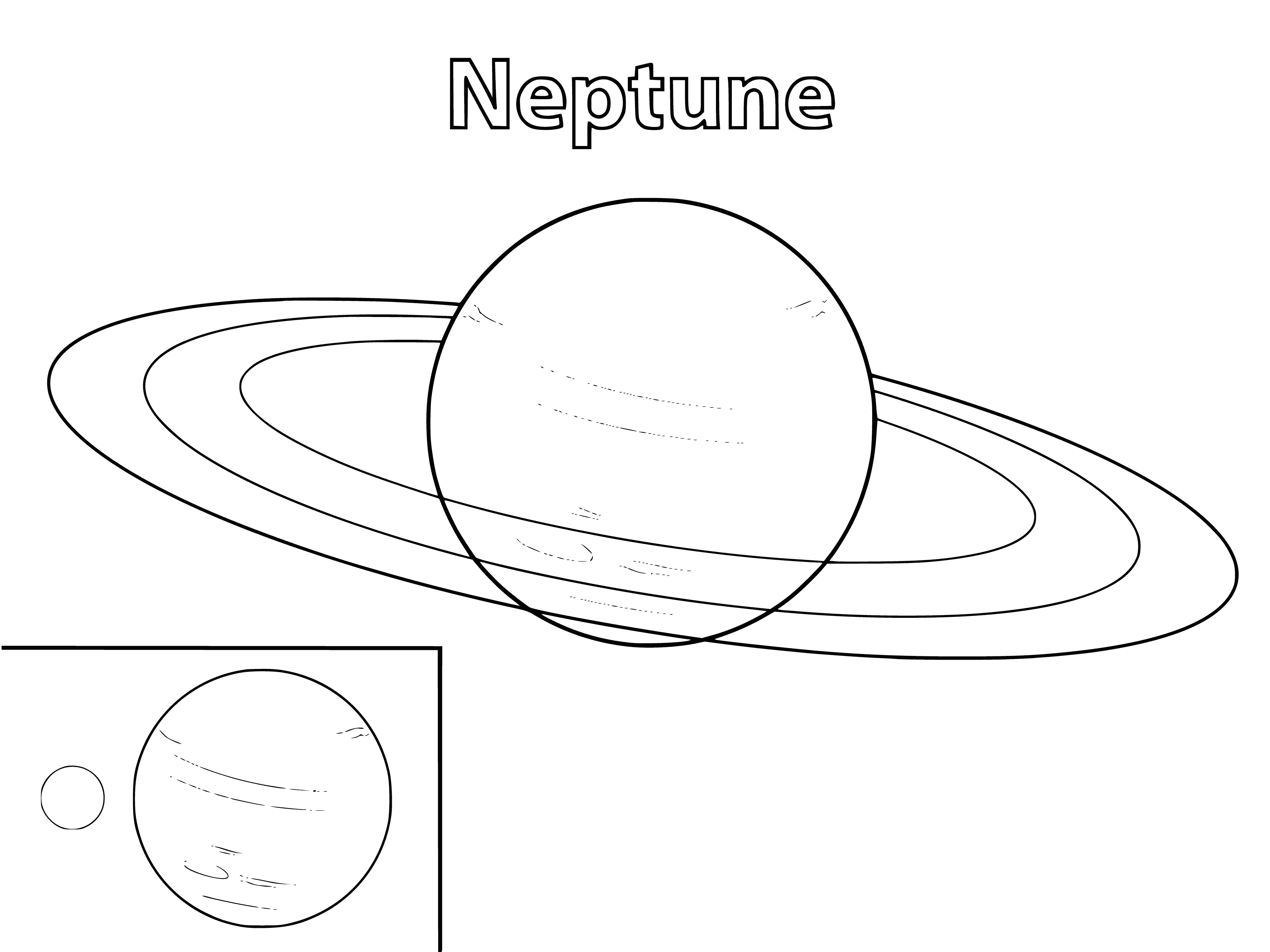 coloring page: Neptune is the 8th and furthest planet from Sun. It's large, blue w/white swirls & small dark spot on surface.