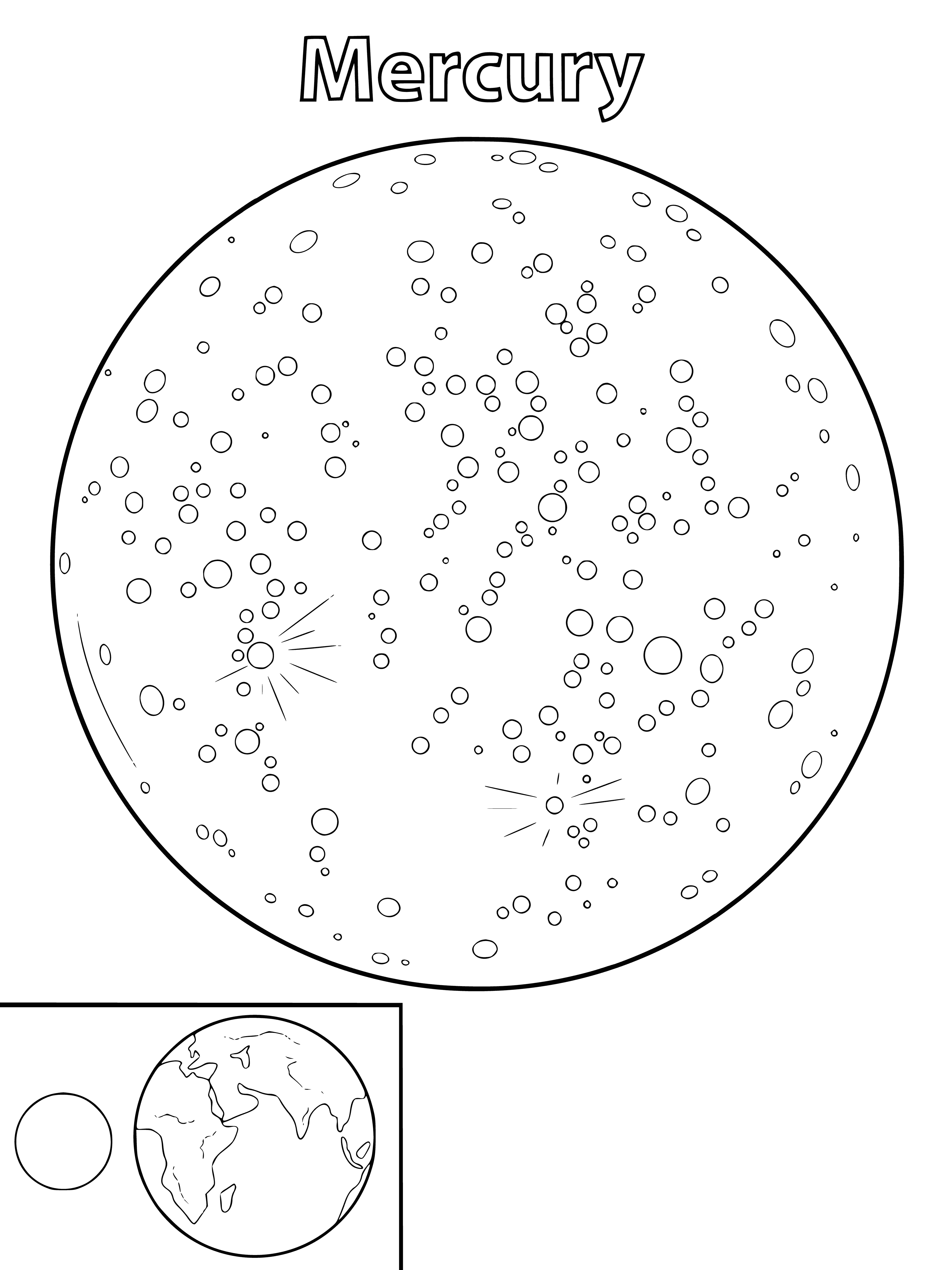 coloring page: Planet Mercury is closest to Sun & small w/ thin atmosphere; surface covered in craters, no moons.