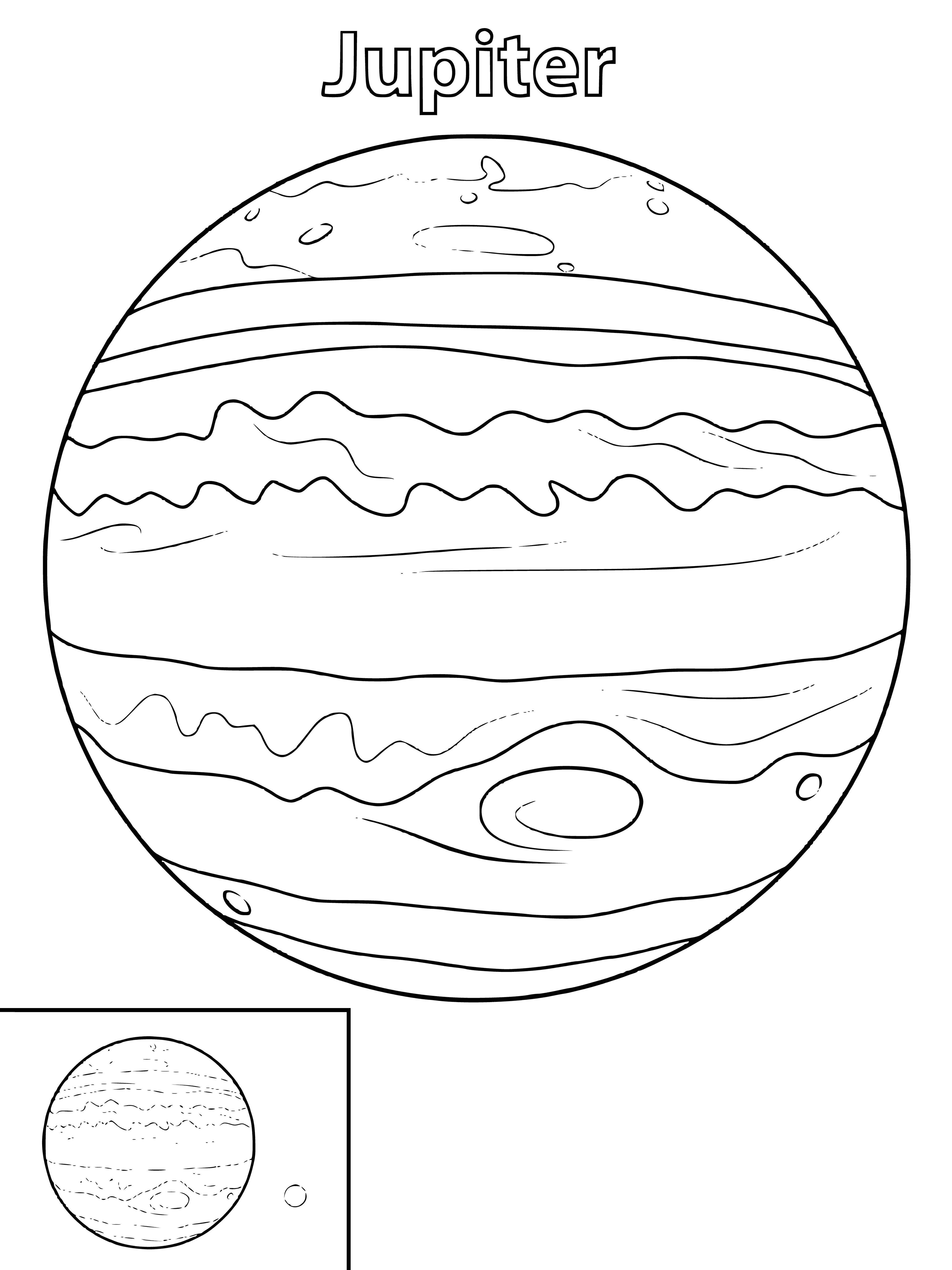 coloring page: Large, red-orange planet with lighter stripes & white dots in black, starry sky background.