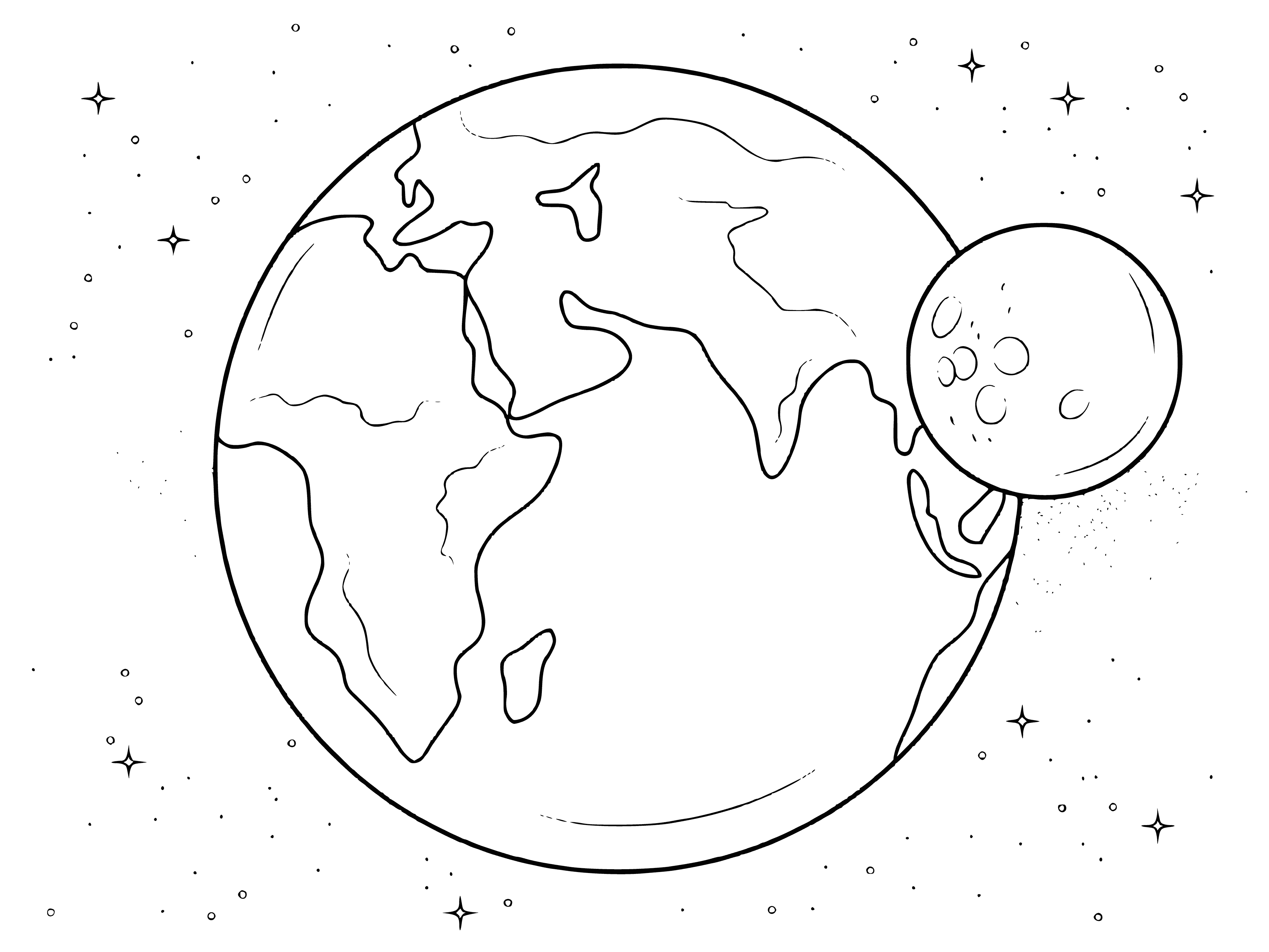 coloring page: Earth seen from space: blue & white sphere w/ swirls of clouds, land masses green & brown, oceans blue, surrounded by a black void.