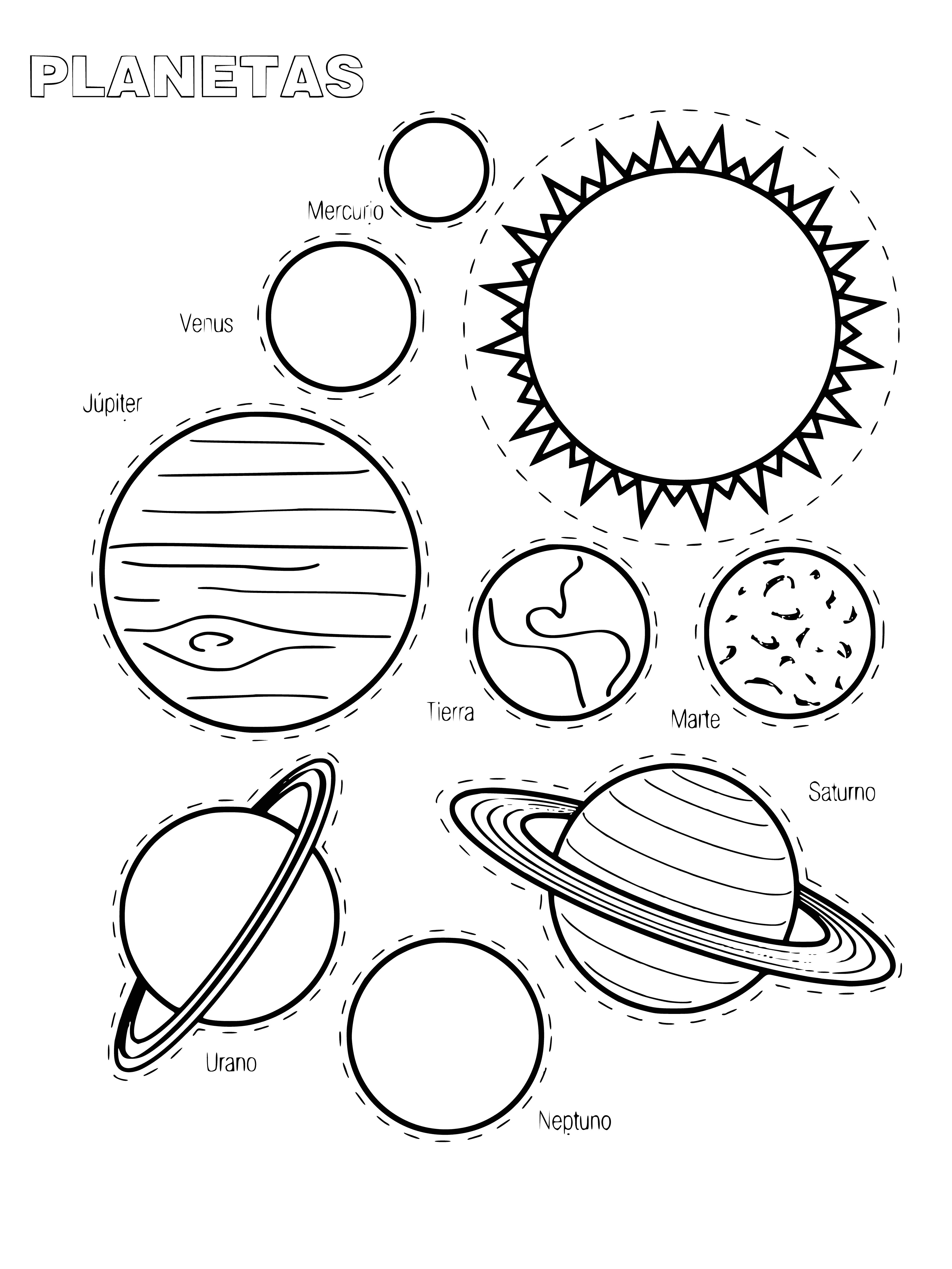 coloring page: Nine planets orbit the sun. Mercury closest to sun, Venus next, Earth has life, Mars & Uranus cold, Jupiter & Saturn have rings, Neptune & Pluto cold & small.