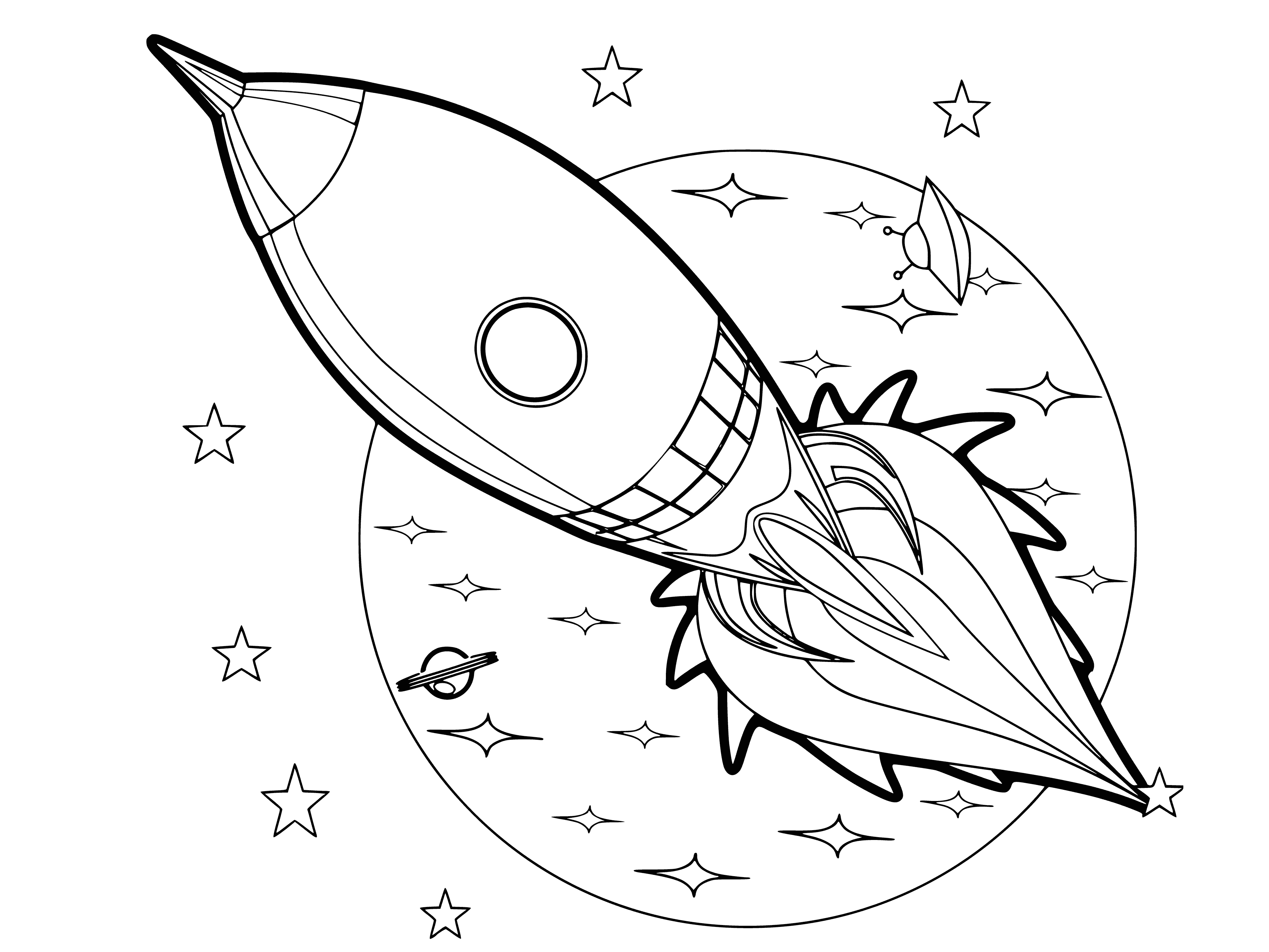 coloring page: Large rocket on launchpad: long cylindrical body, pointed nosecone; several large red boosters; white body with blue stripes.