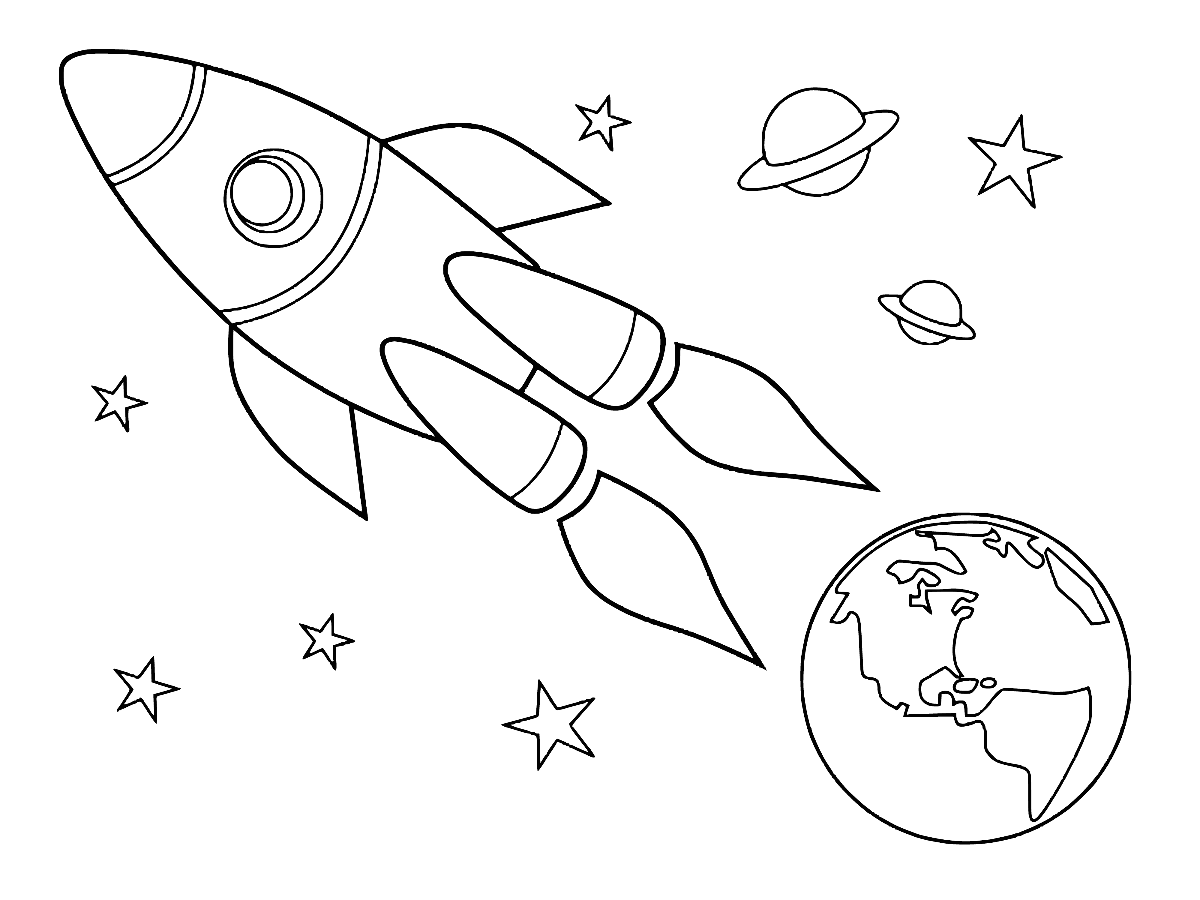 coloring page: Rocket flies away from Earth, leaving trail of smoke behind. Stars twinkle in the dark background.