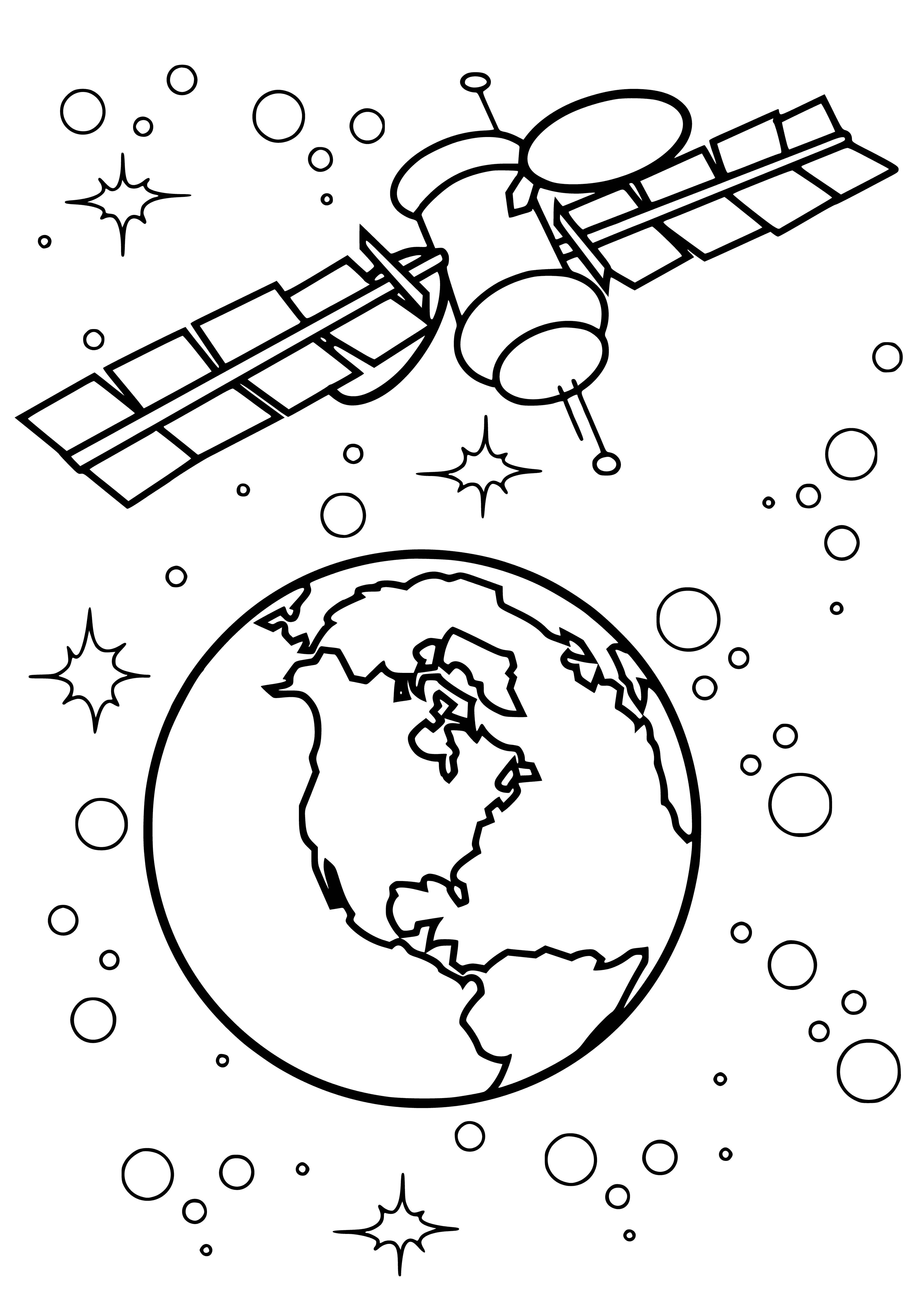 coloring page: Space station orbits planet w/large windows & smaller ships docked. People in space suits walking around. #spacestation