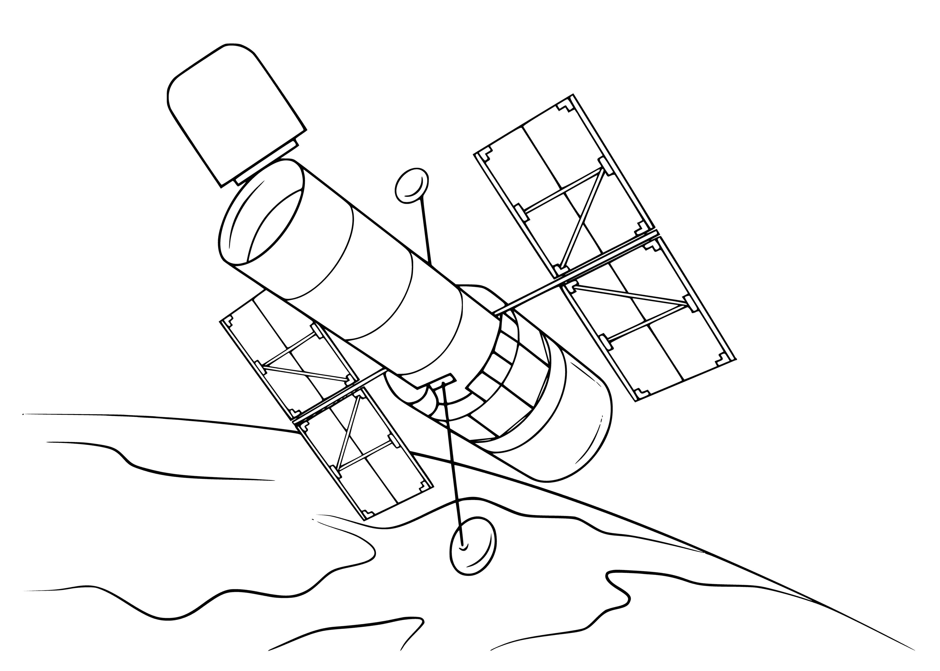 coloring page: A large metal object orbits a larger planet with smaller planets in the background.