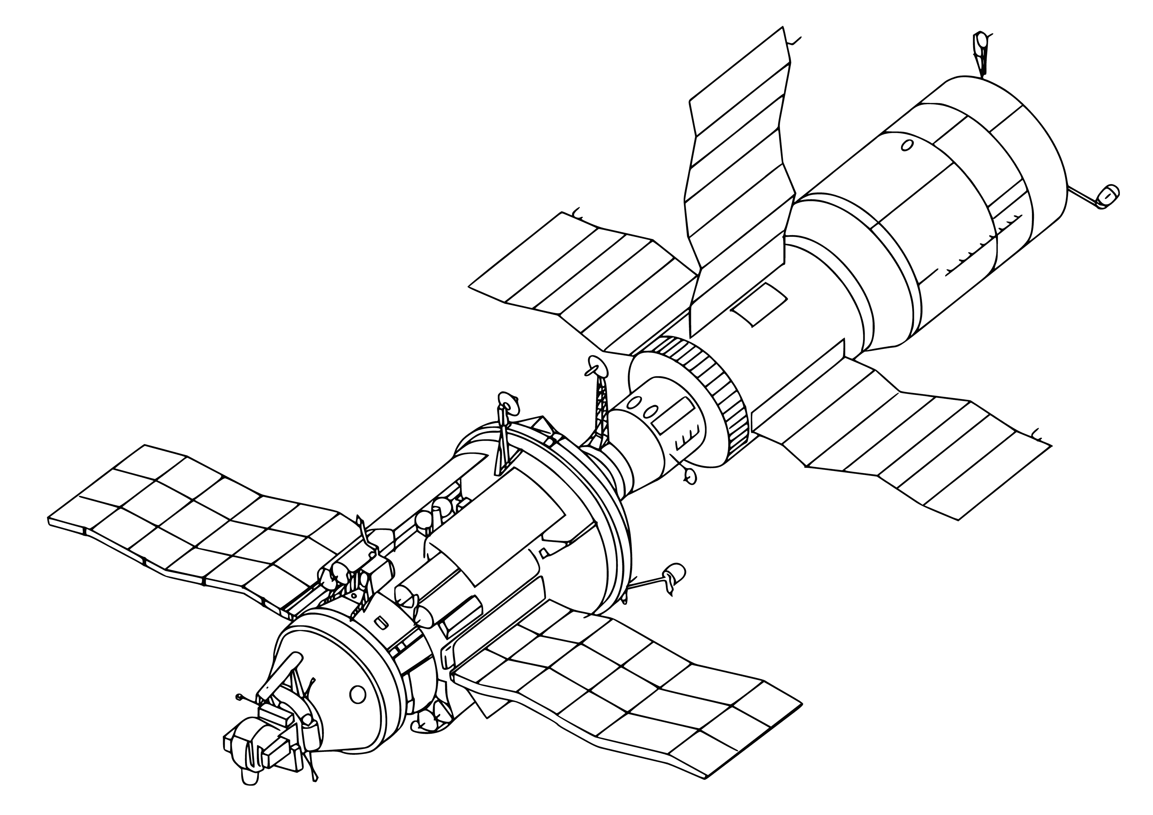 coloring page: Silver spheres connected by rods, orbiting a planet.