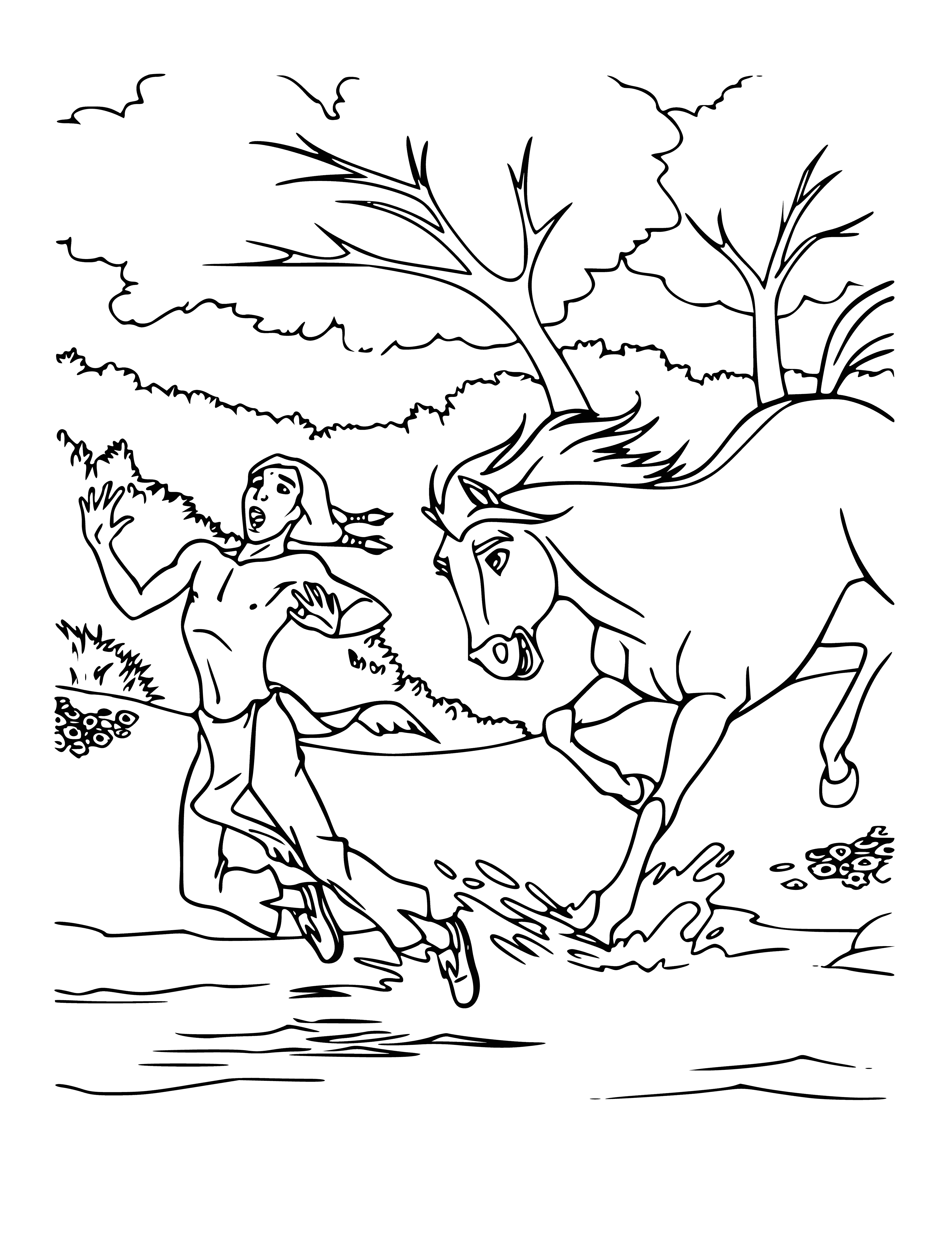 coloring page: A Native American is confronting a buckskin colored stallion with a black mane and tail, rearing up on its hind legs. The Native American is wearing a headdress and is holding a spear.
