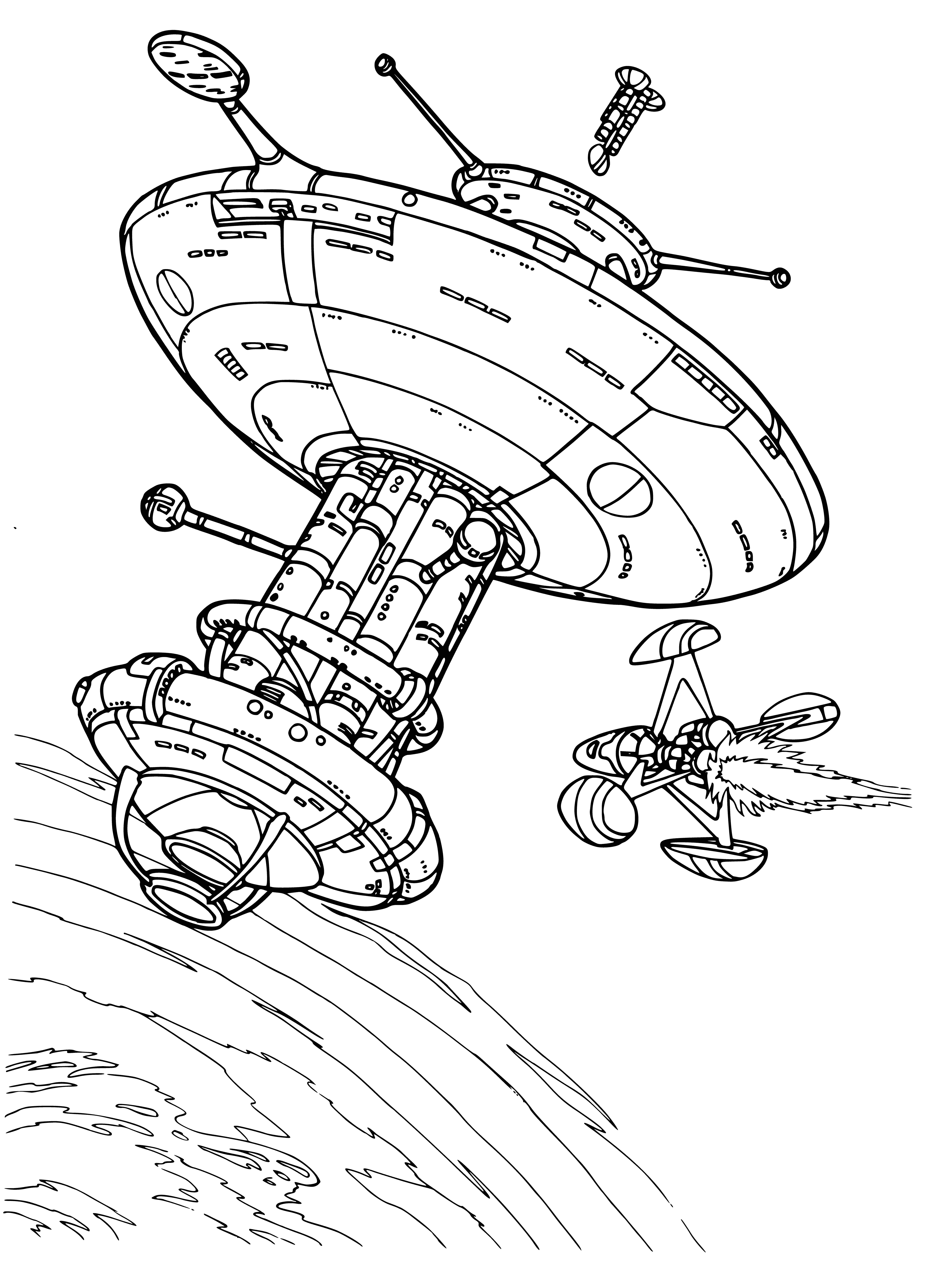 coloring page: Station floats in space, has cylindrical rotating section, solar panels, large+small antenna, connected to spacecraft. #spaceexploration