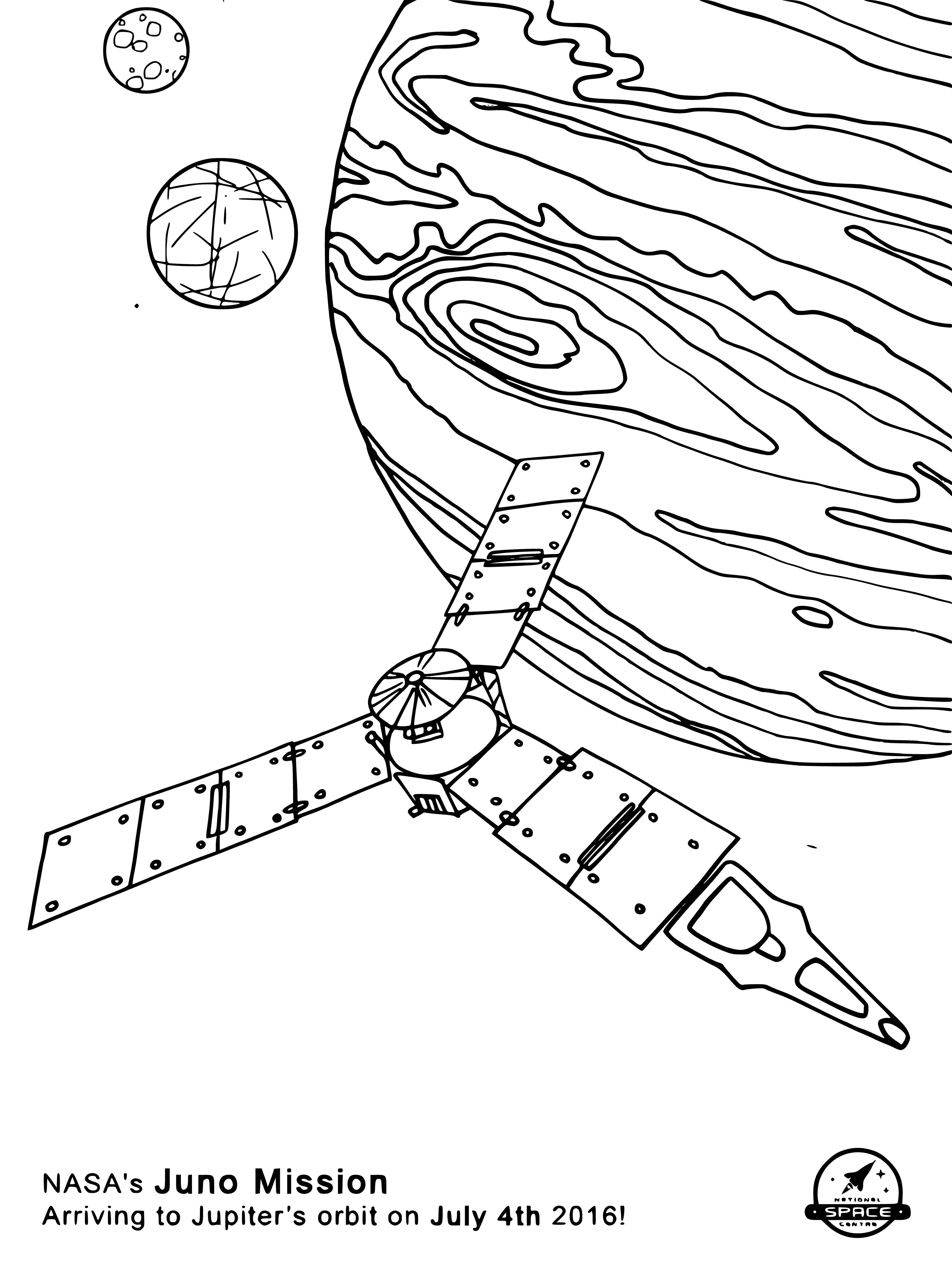coloring page: Spacecraft arrives in Jupiter orbit; gas giant has hostile conditions & radiation, so craft has special shielding to protect occupants.