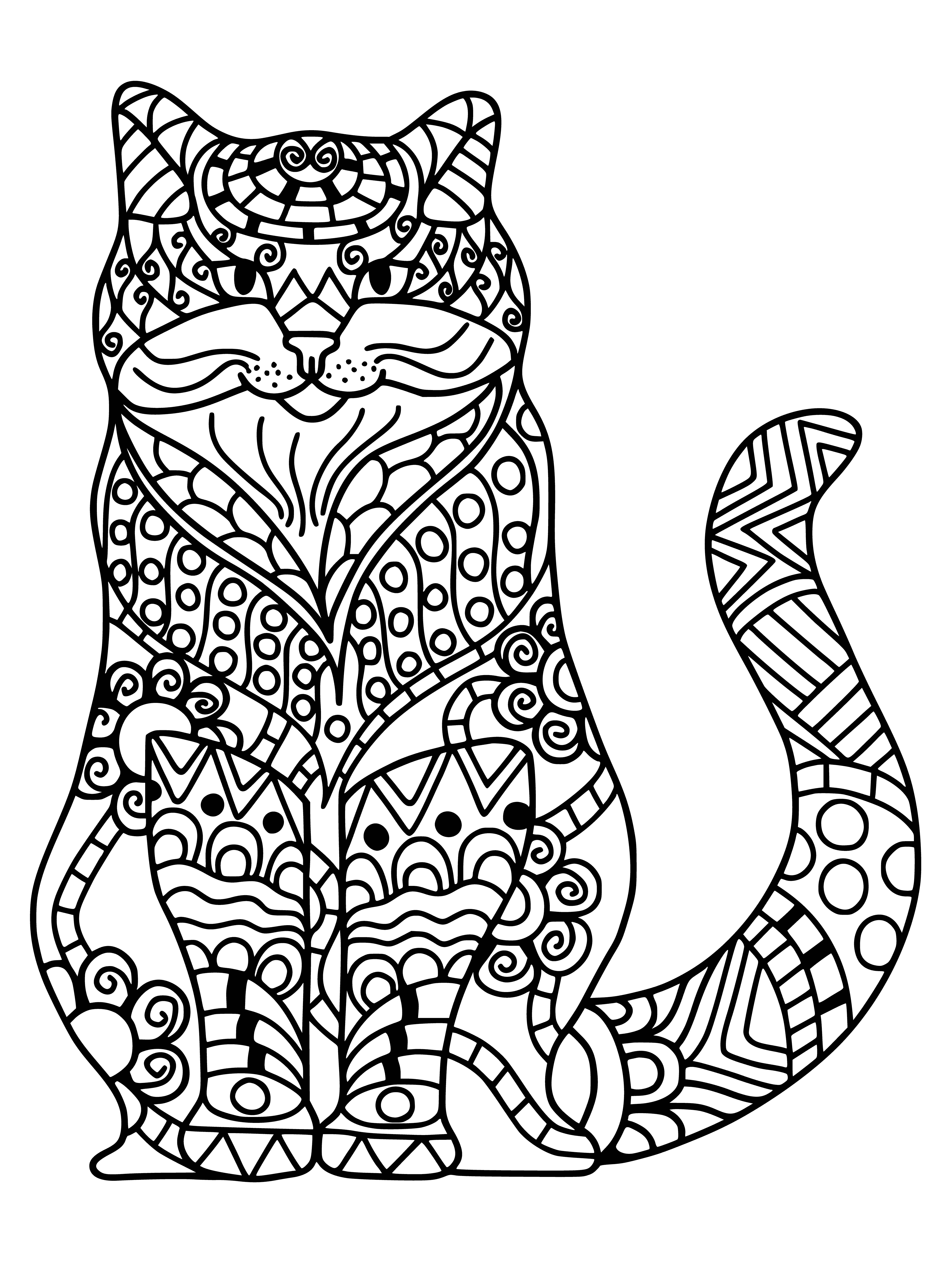 coloring page: 2 cats in coloring page: 1 lying, 1 standing looking, both w/ blue eyes. Lying cat has yellow collar w/ bell, standing cat green collar. #cats
