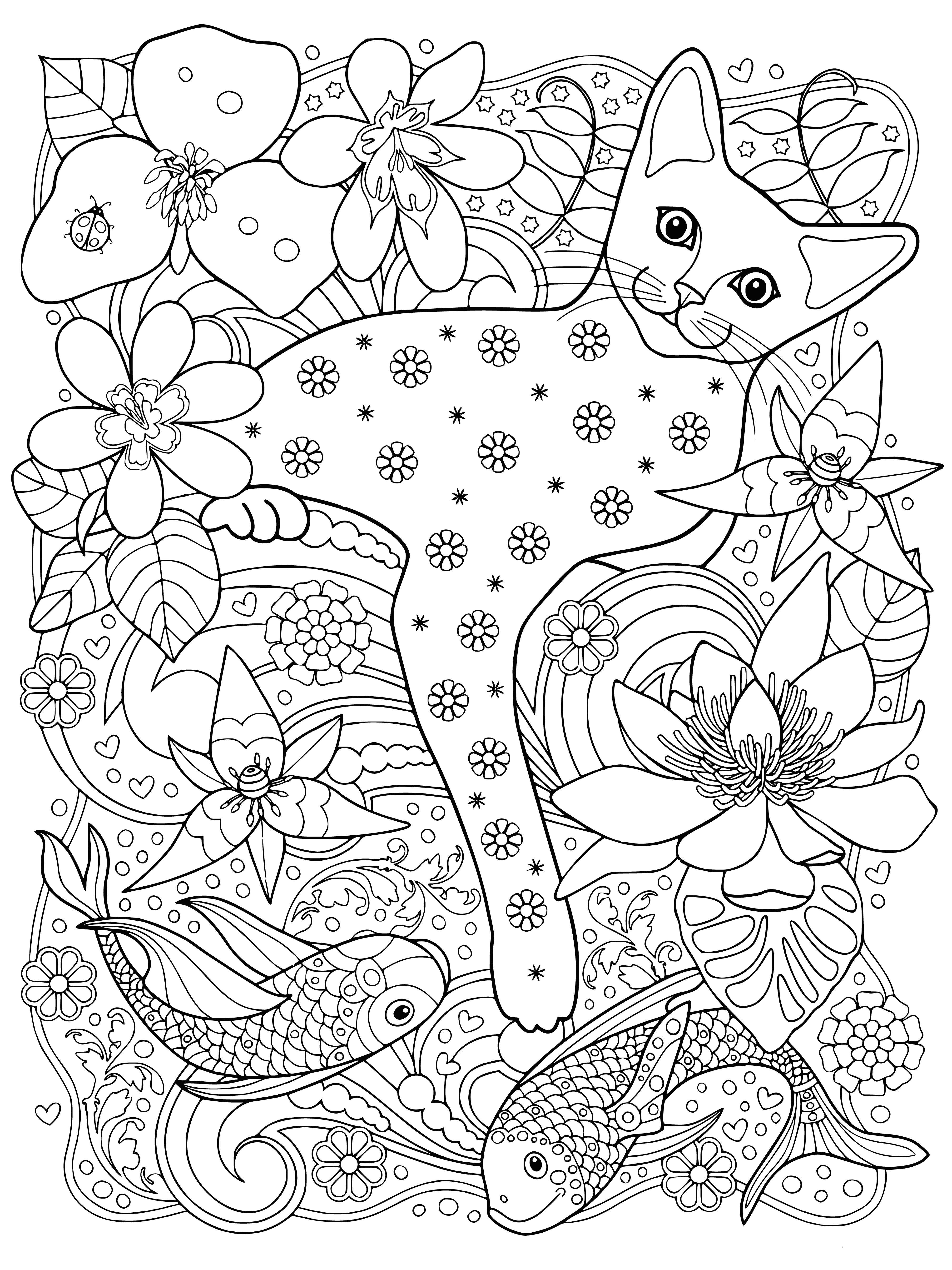 coloring page: Content black cat lies in pool of water exposing belly, surrounded by fish with contentment on face.