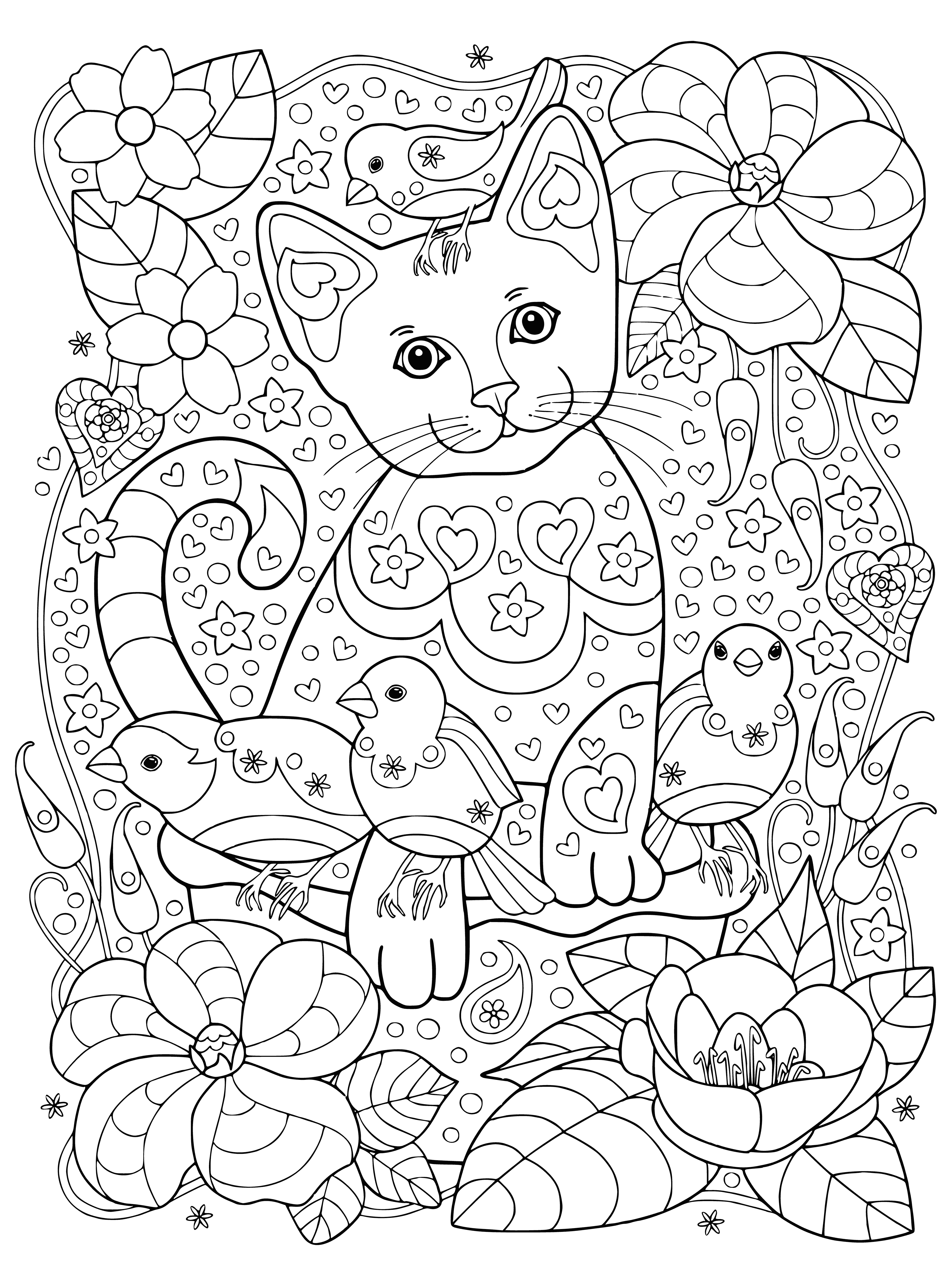 coloring page: Two cats, one black and white, one orange and white, sitting on a fence. Three sparrows nearby.
