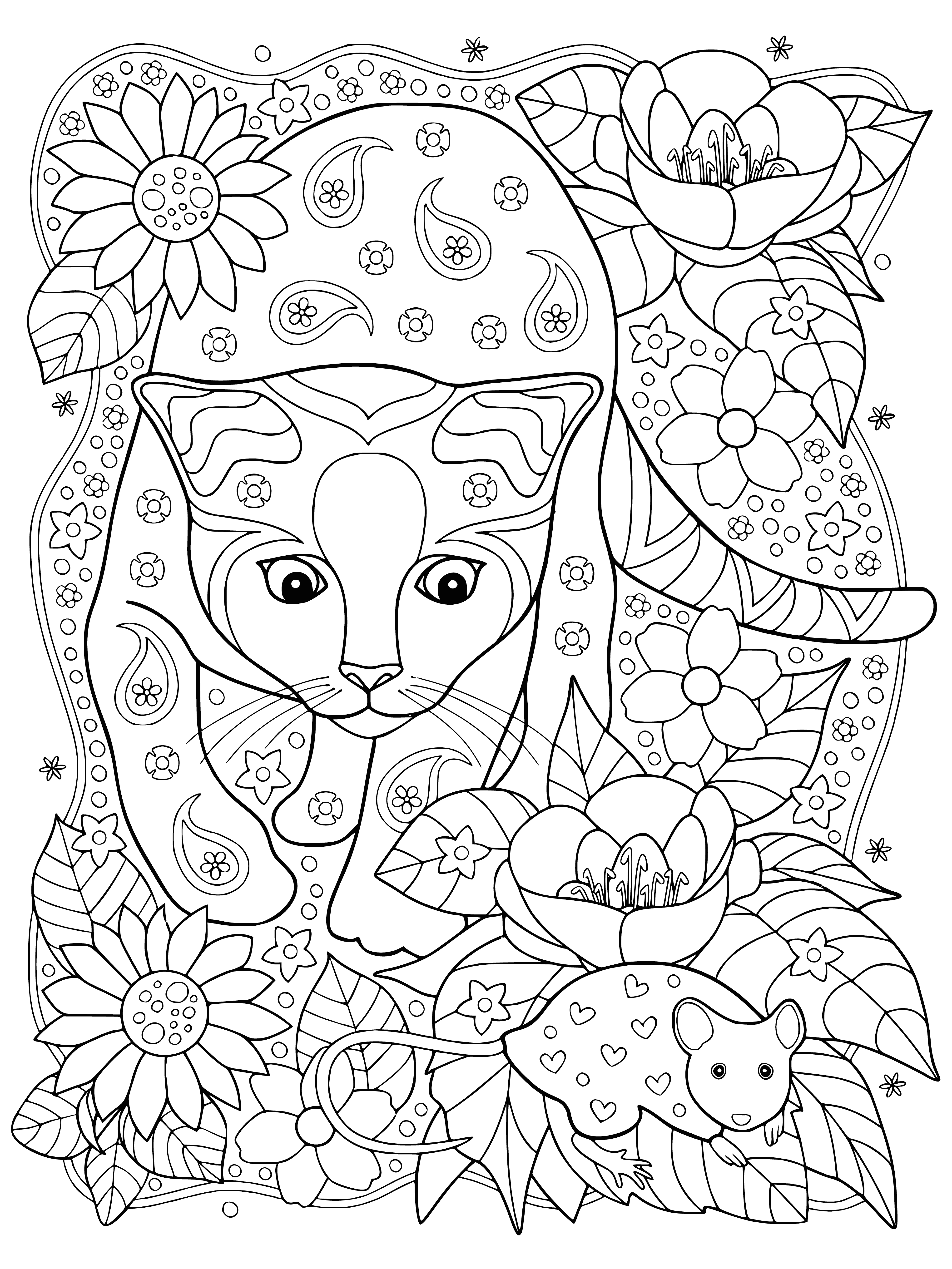 coloring page: Cat stalks mouse, ready to pounce. Eyes fixed, body coiled. Blurry background hinting at its unwavering focus.