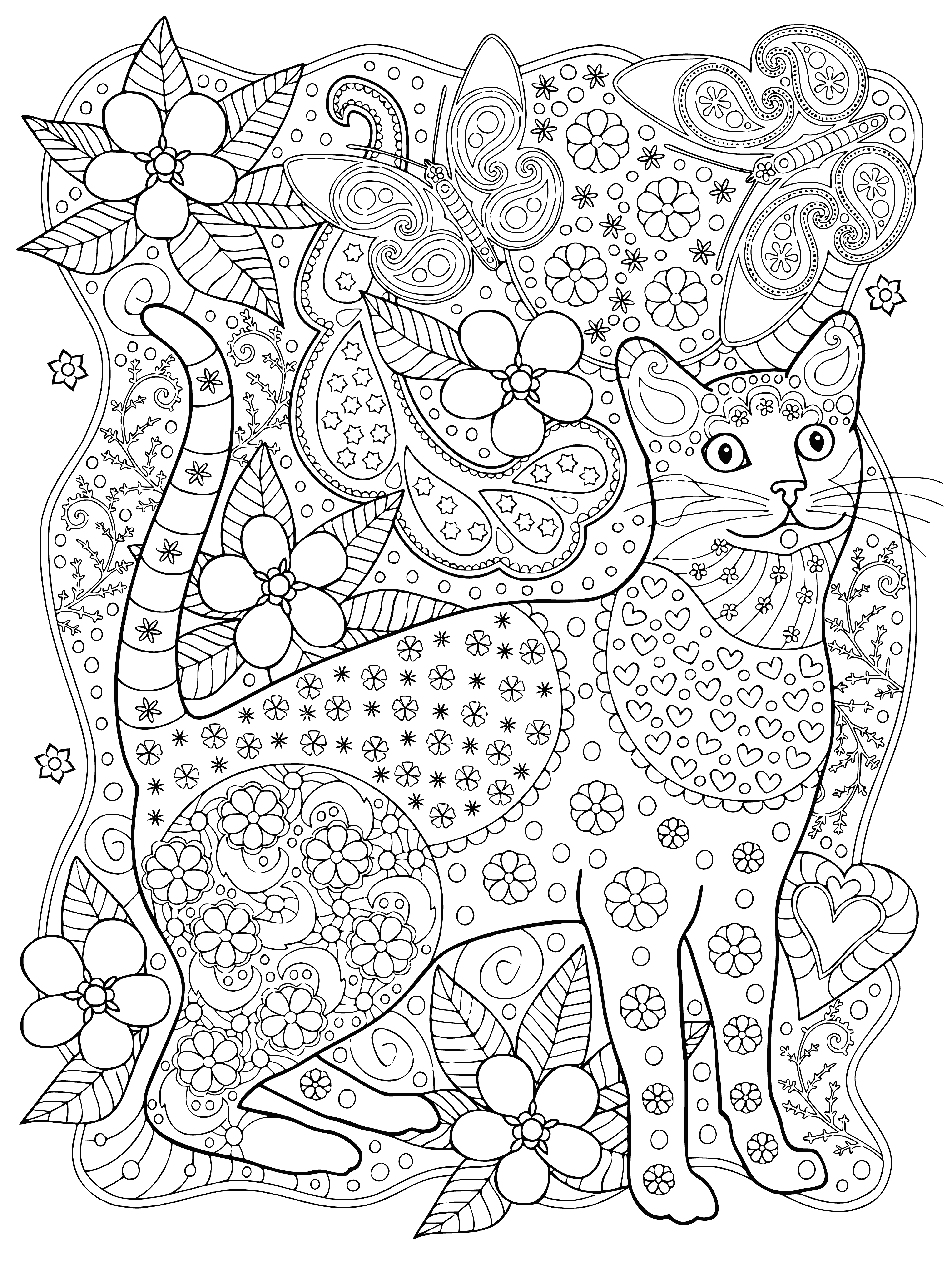 coloring page: Two cats, one yellow & one black & white, are sitting on a tree branch; the yellow cat has a butterfly on its nose.