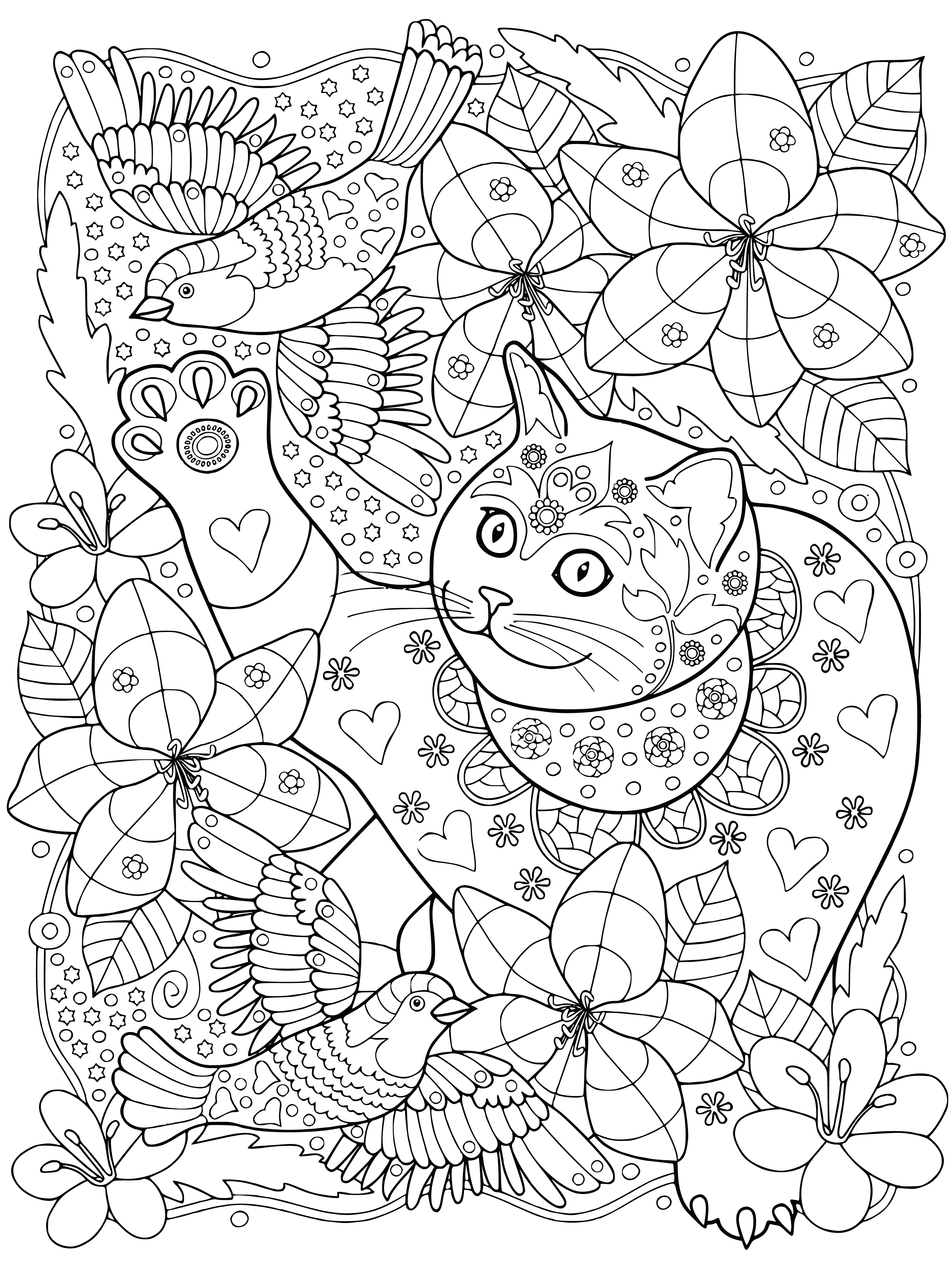 coloring page: Cat curiously watches birds, mesmerized by their movements.