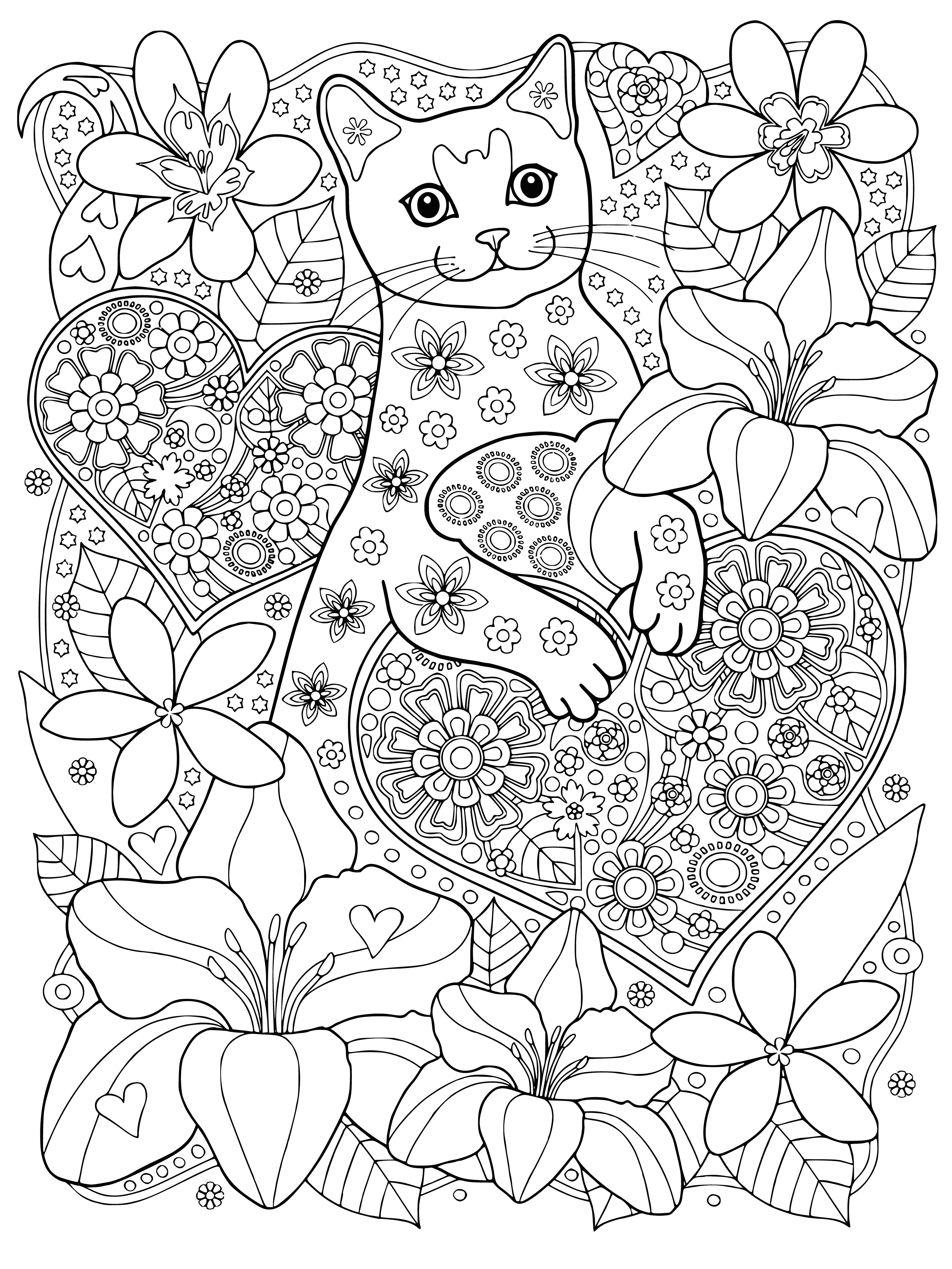 coloring page: Cat rests on windowsill with red heart valentine in paw, like it's saying "meow" to the world.