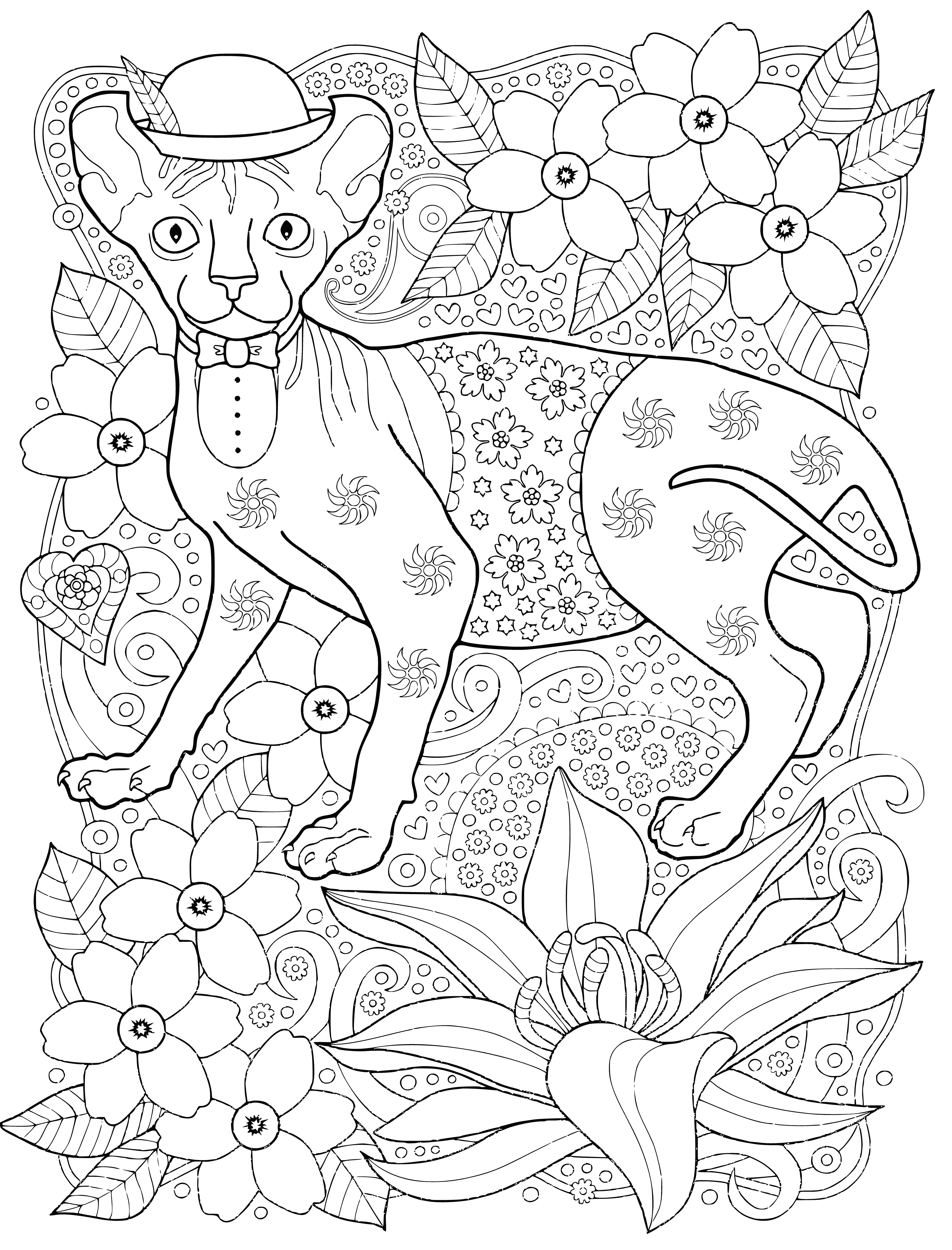 coloring page: A large Sphinx cat colors paged wearing a tall hat against a brown & green background. #cats