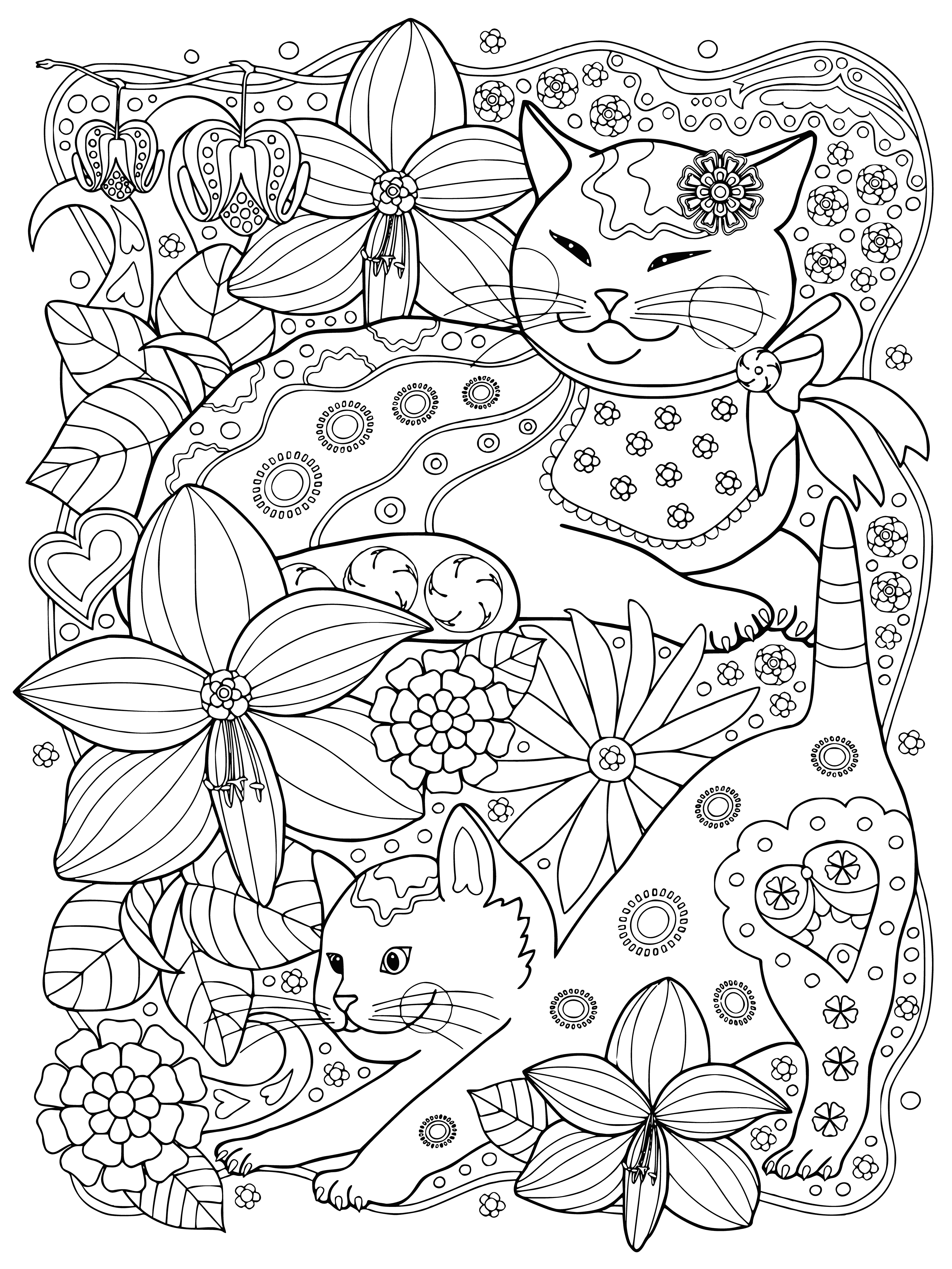 gatos com flores página para colorir