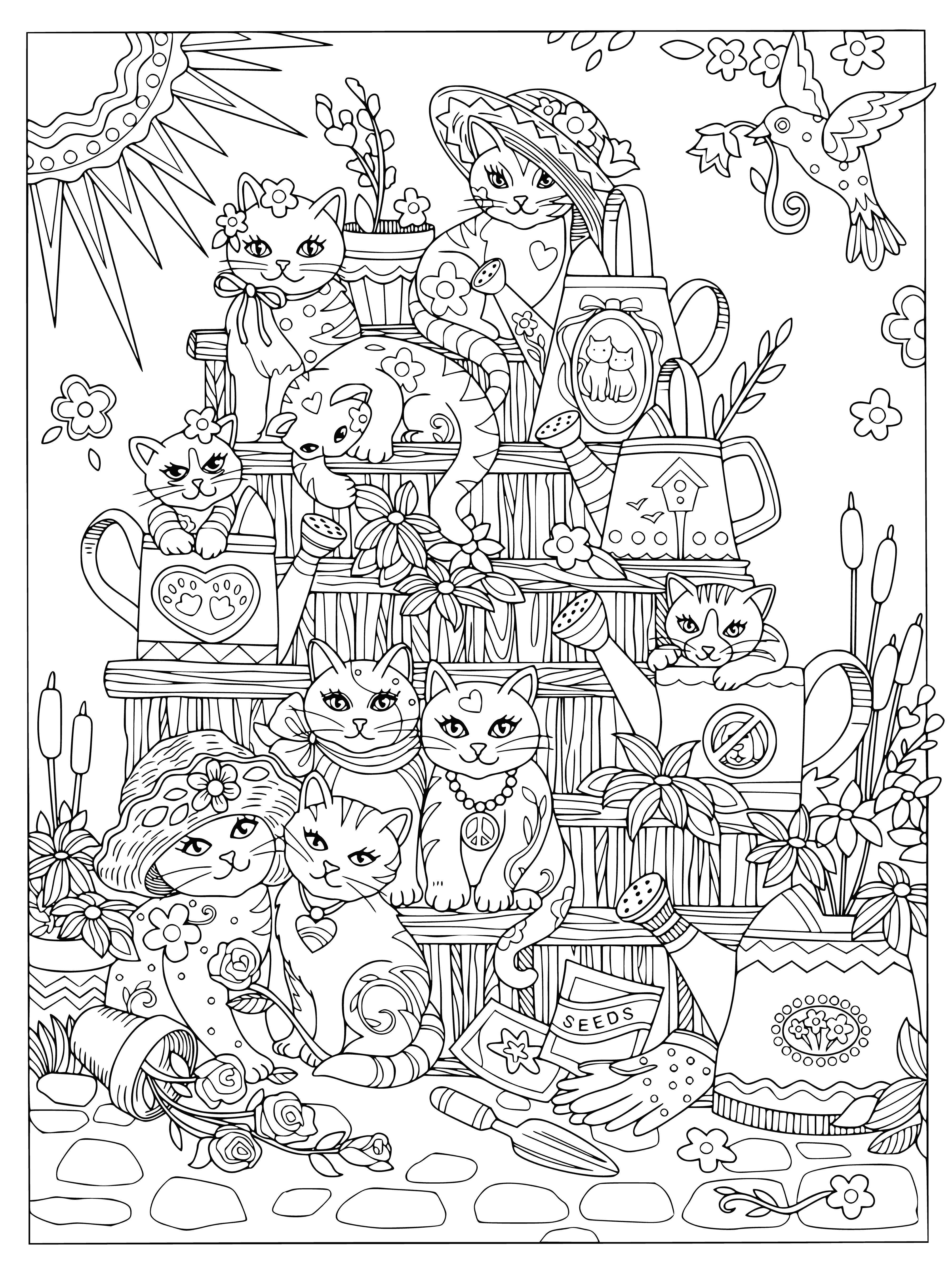 coloring page: Nine cats of different colors & patterns relax happily in this coloring page.