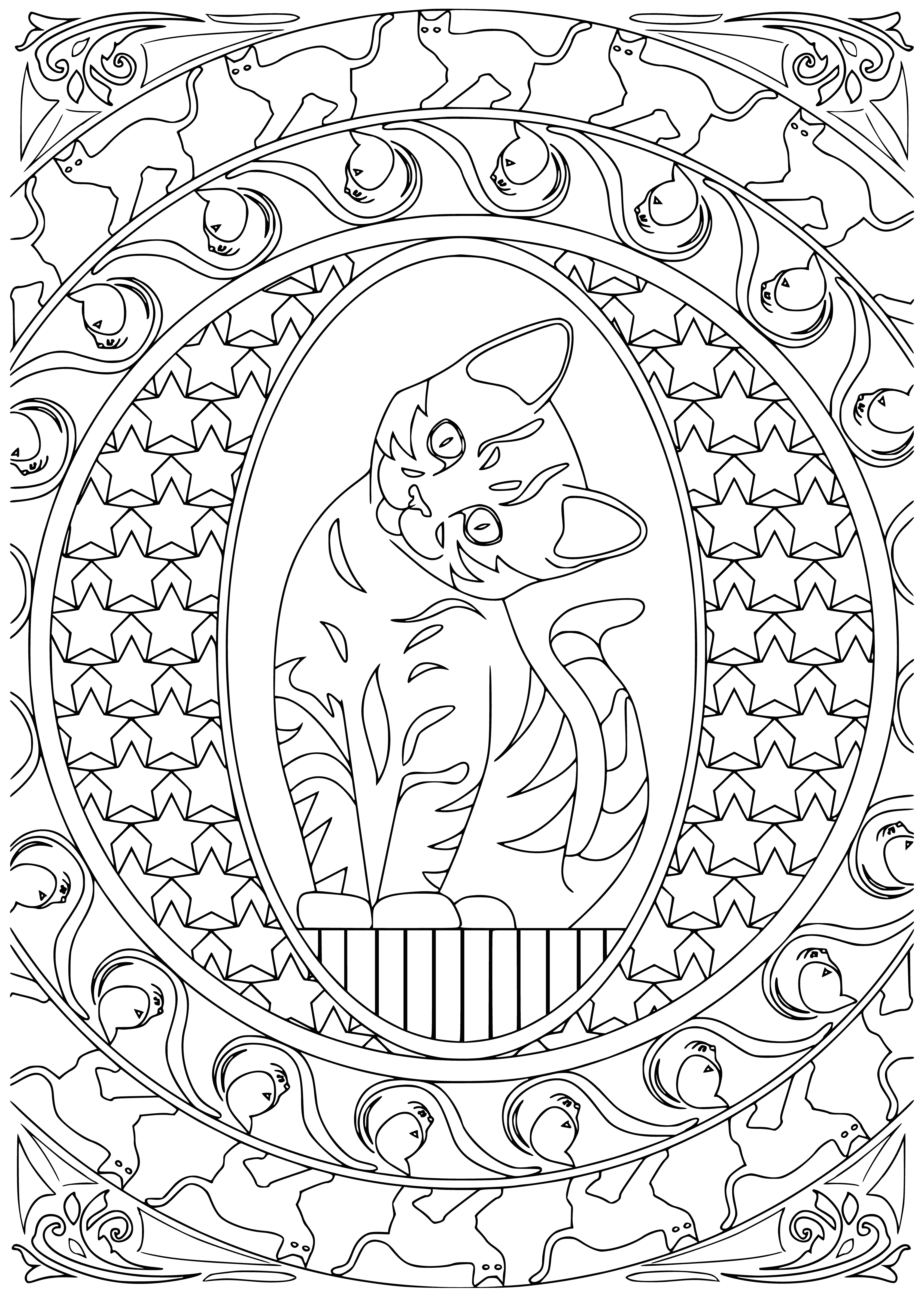 coloring page: A black & white cat is sitting in a chair with its legs crossed, tail wrapped, head tilted, eyes closed & fur patterned with swirls & stars.