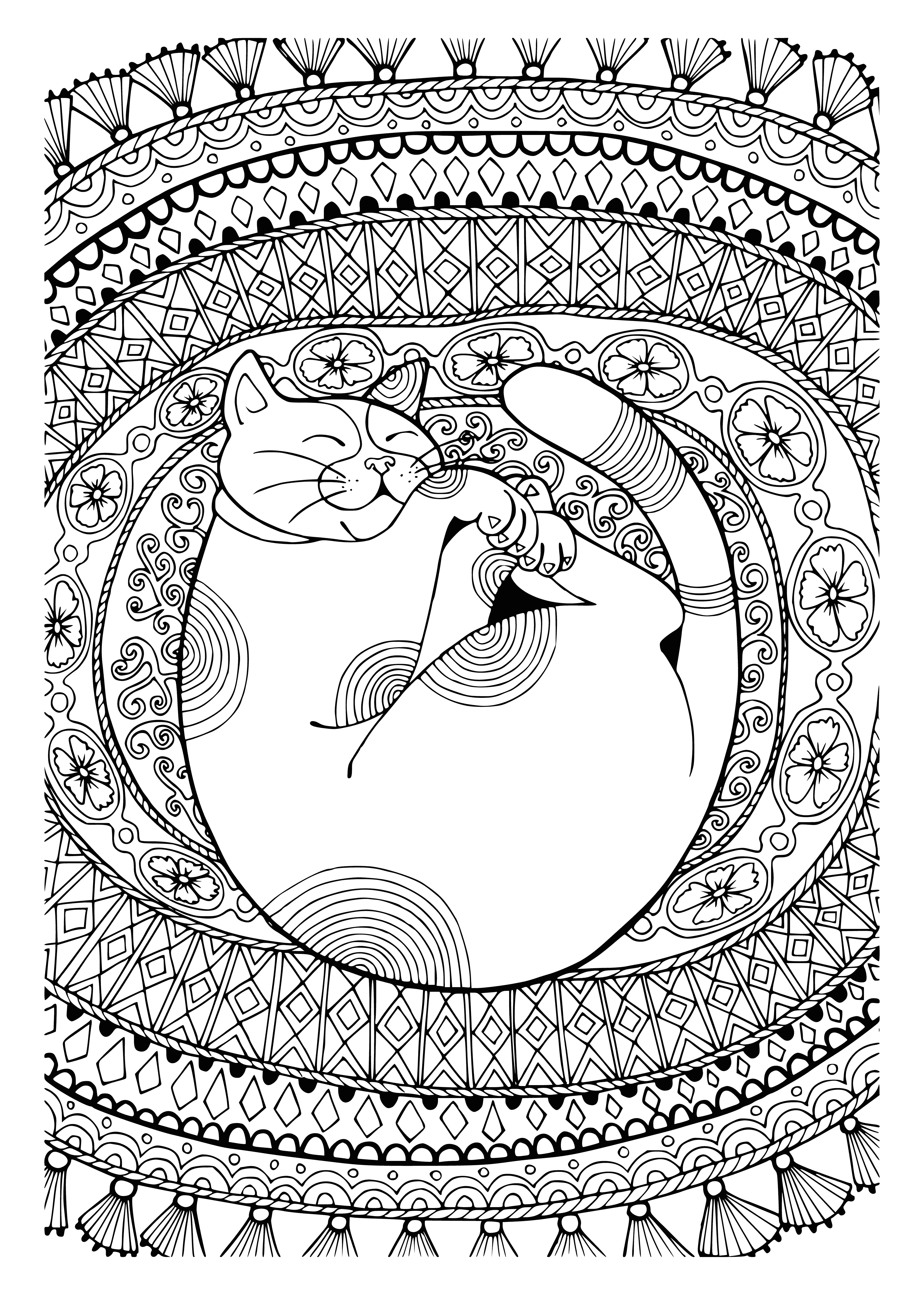 The cat is curled up in a ball coloring page