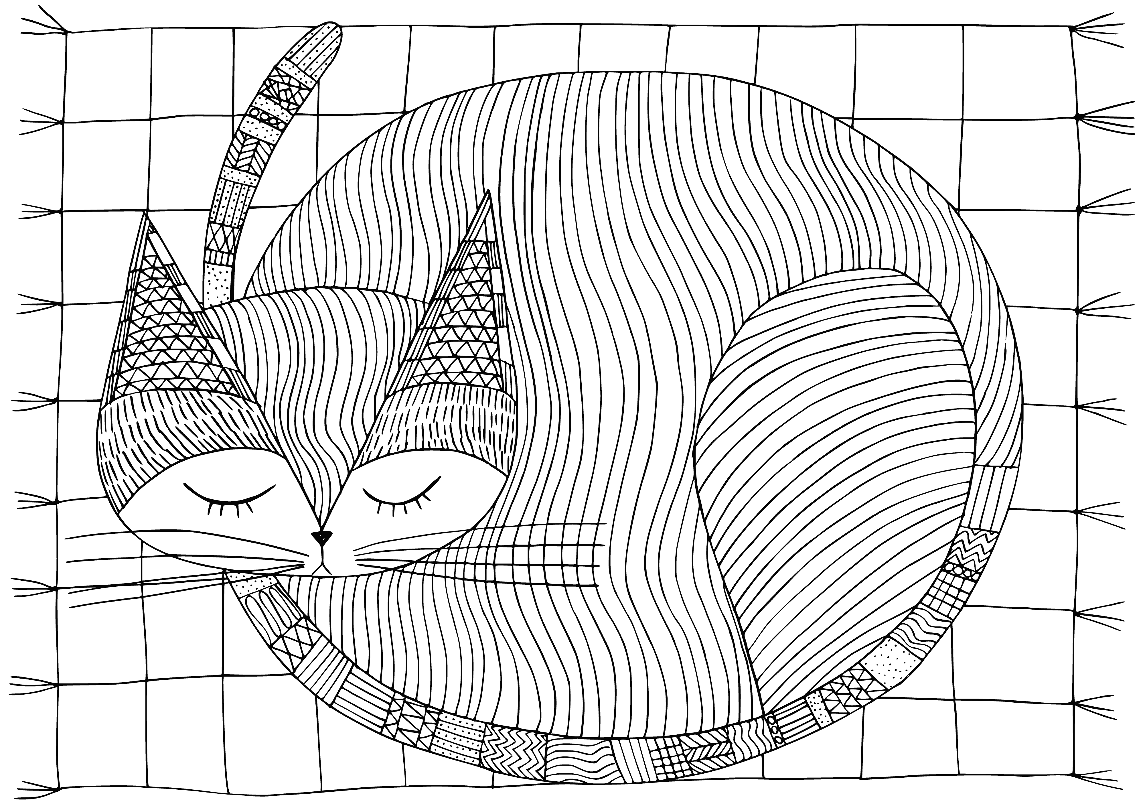 coloring page: Sleeping cat, warm and cozy, totally relaxed. Calming and soothing feeling.